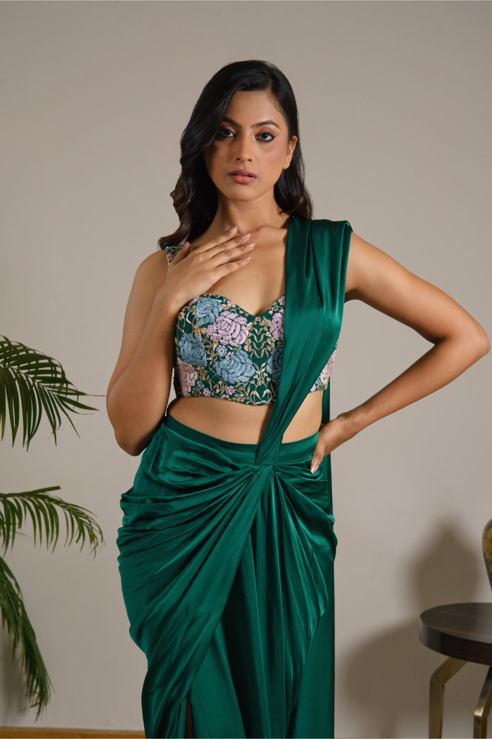 Emerald Green Drape Satin Saree - Auraya Fashion 