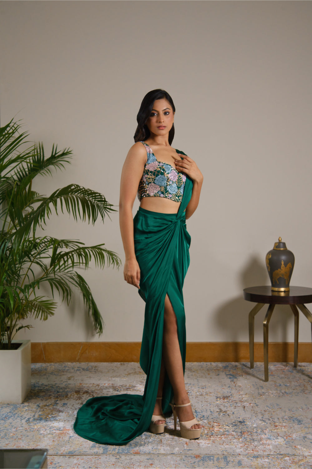 Emerald Green Drape Satin Saree - Auraya Fashion - Guldavari - 