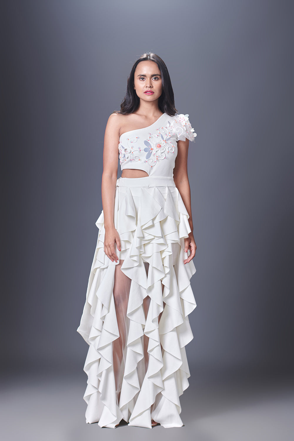 White Hand Embroidered One Shoulder Ruffle Dress