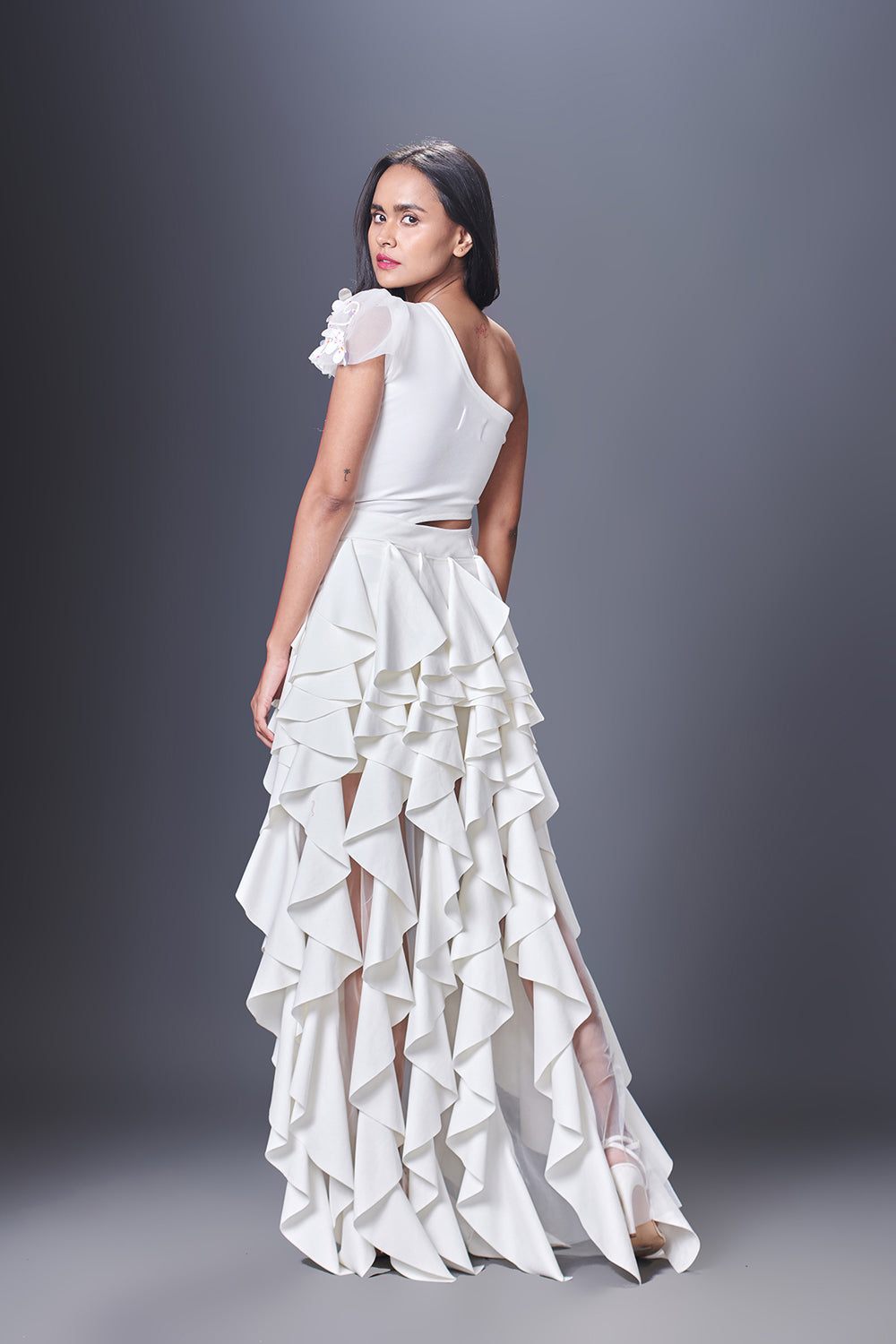 White Hand Embroidered One Shoulder Ruffle Dress