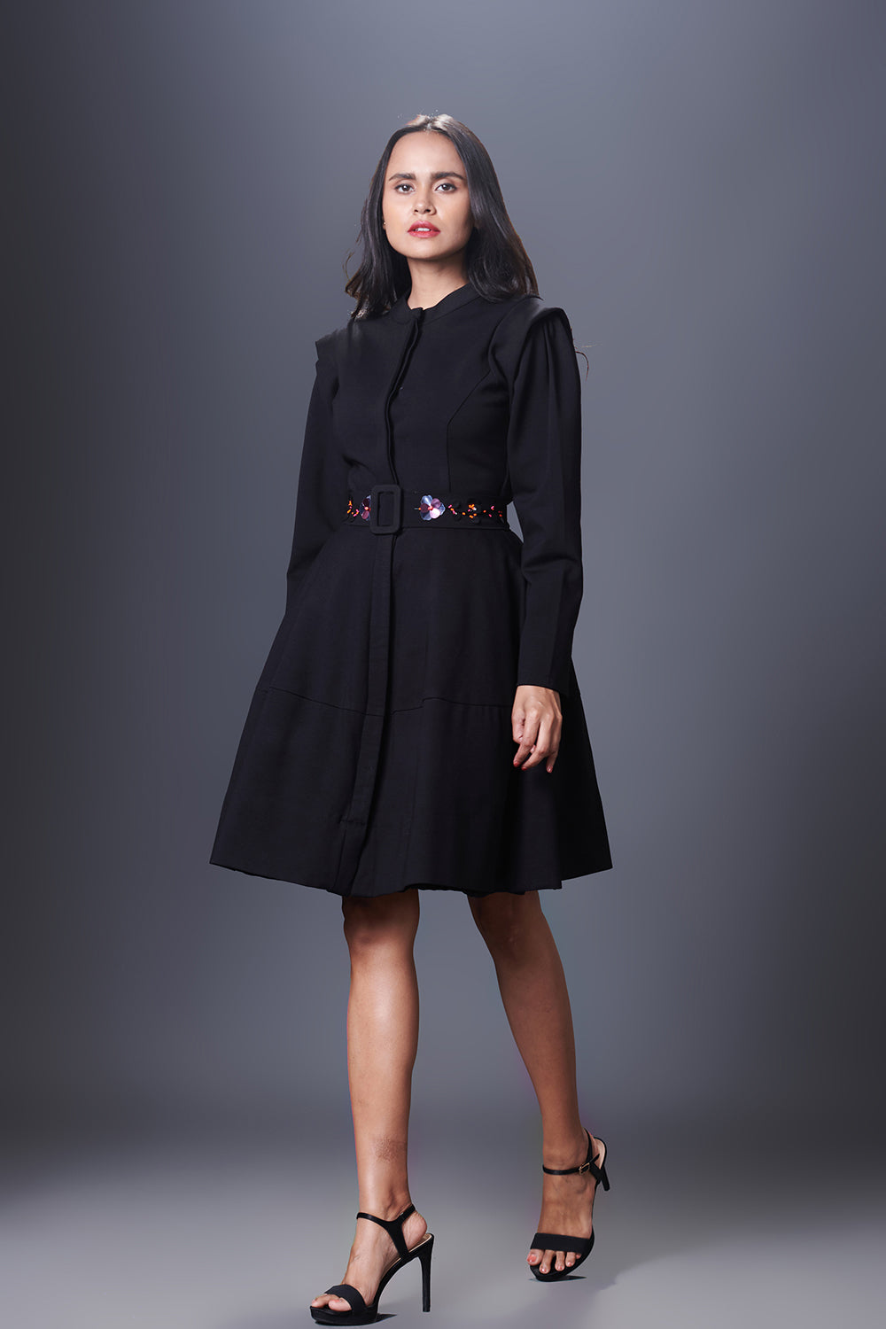 Black Jacket Dress With Hand Embroidered Belt - Auraya Fashion -  - #tag1# - #tag2# - #tag3# - #tag3#