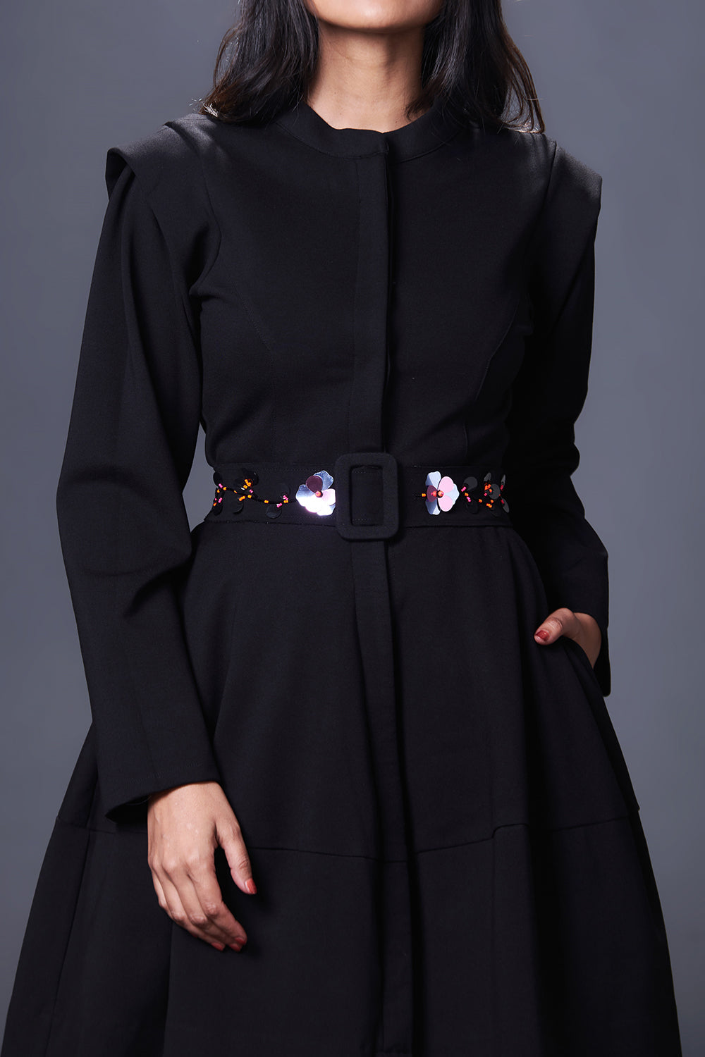 Black Jacket Dress With Hand Embroidered Belt - Auraya Fashion -  - #tag1# - #tag2# - #tag3# - #tag3#