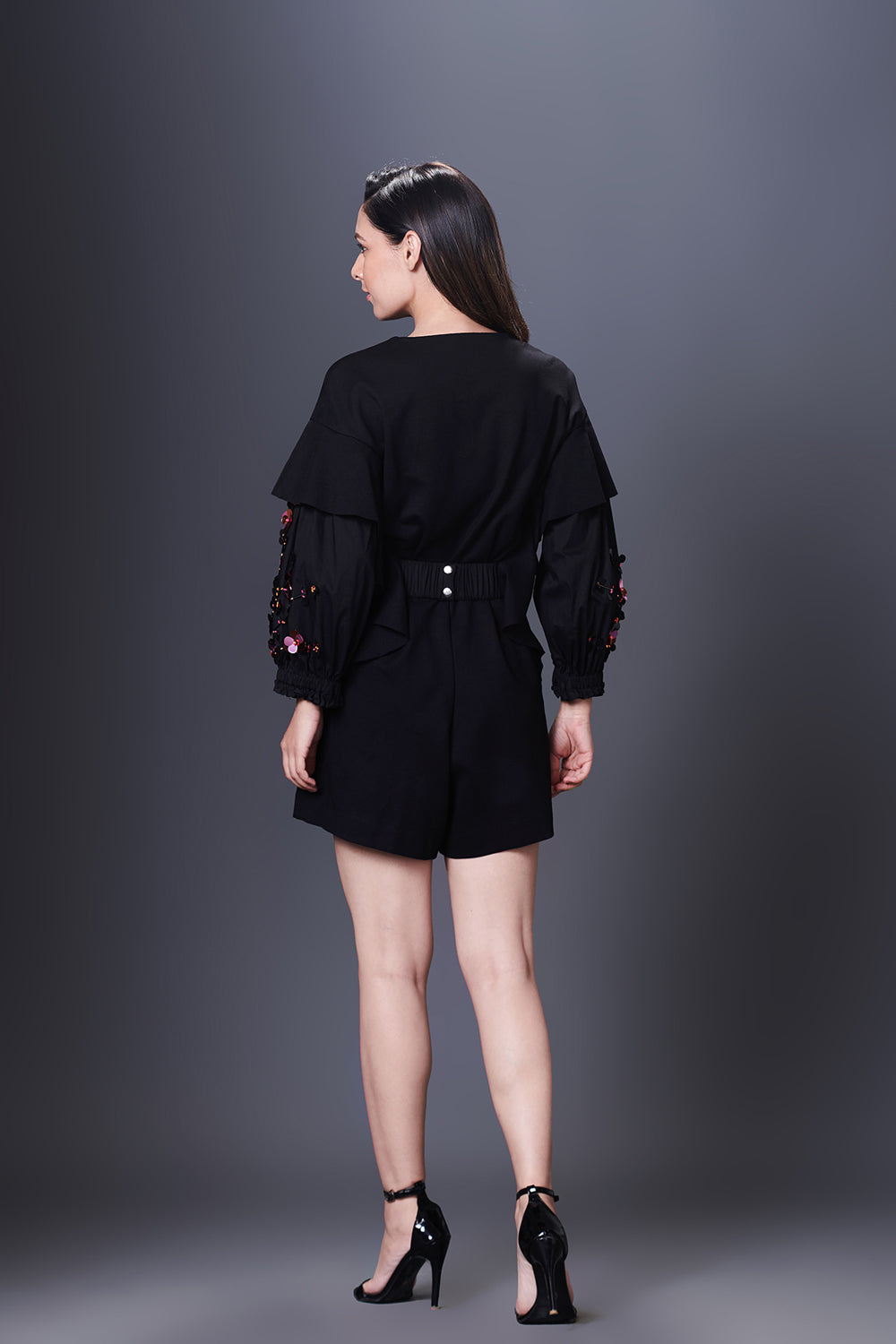 Black Playsuit With Hand Embroidered Sleeve & Belt - Auraya Fashion -  - #tag1# - #tag2# - #tag3# - #tag3#