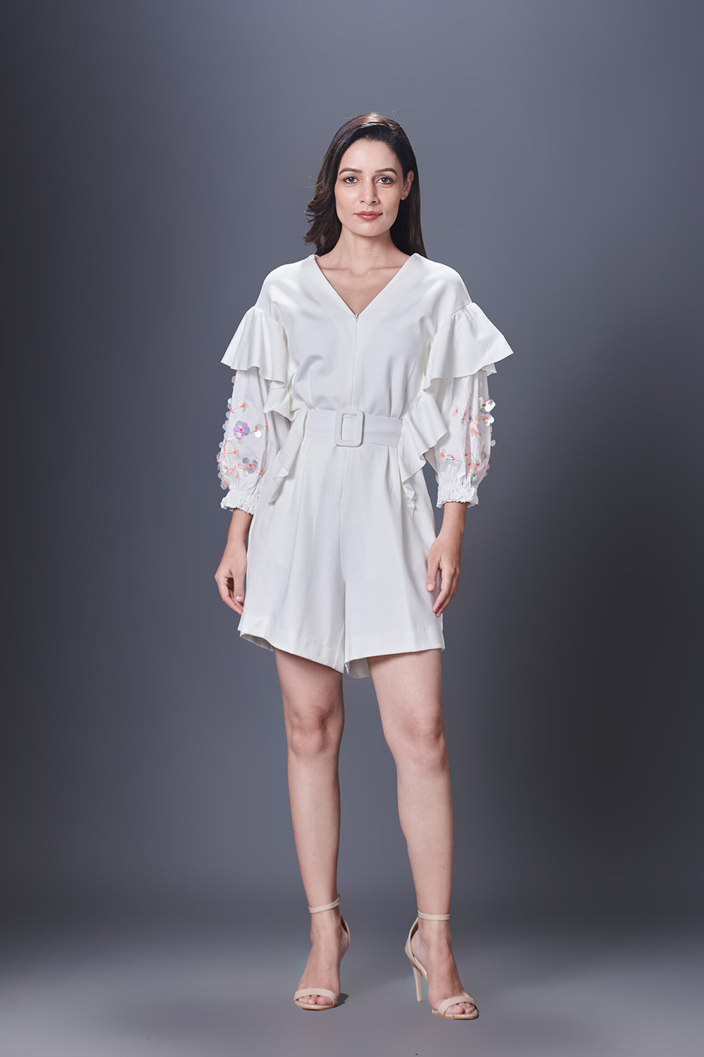 White Playsuit With Hand Embroidered Sleeve & Belt