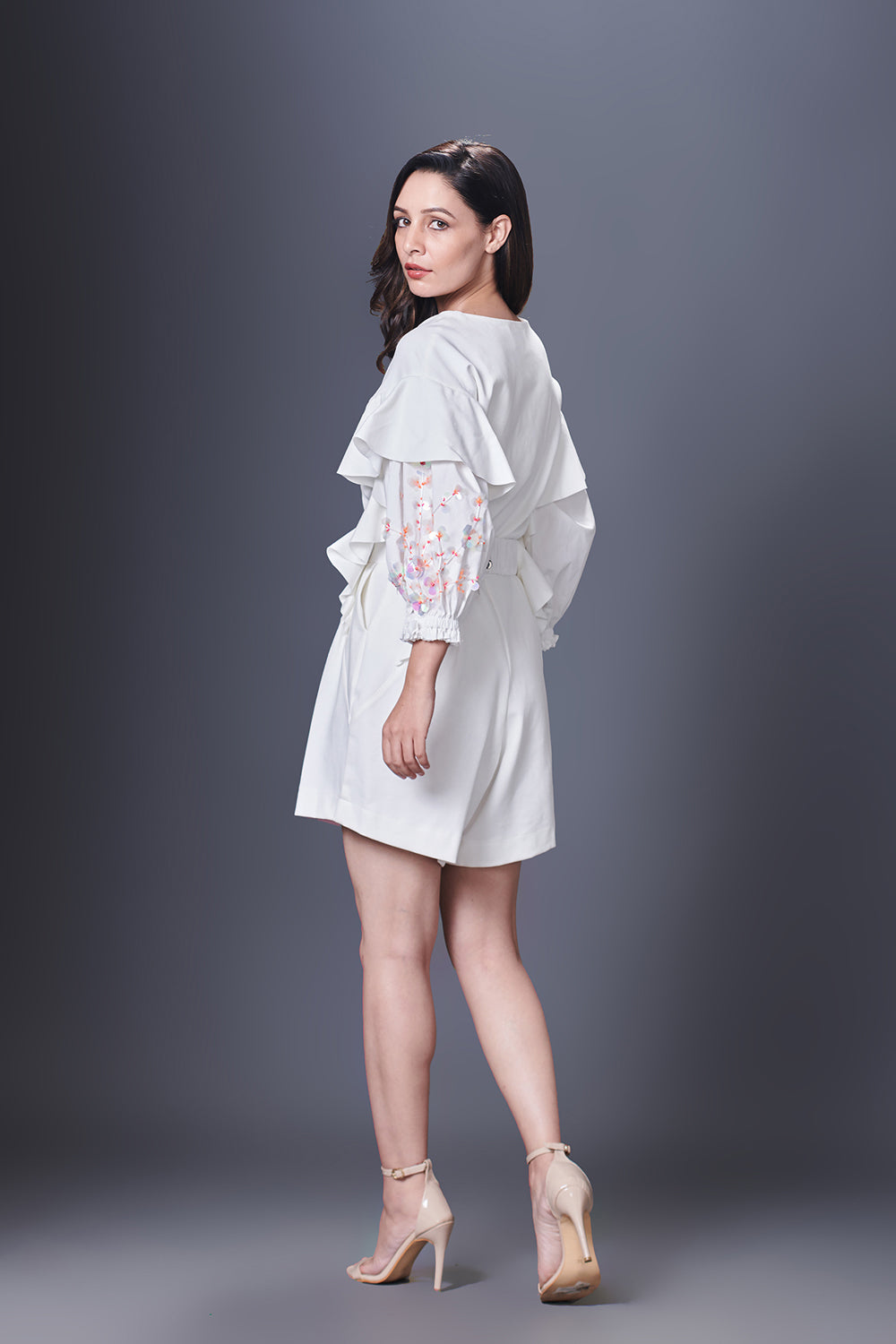 White Playsuit With Hand Embroidered Sleeve & Belt