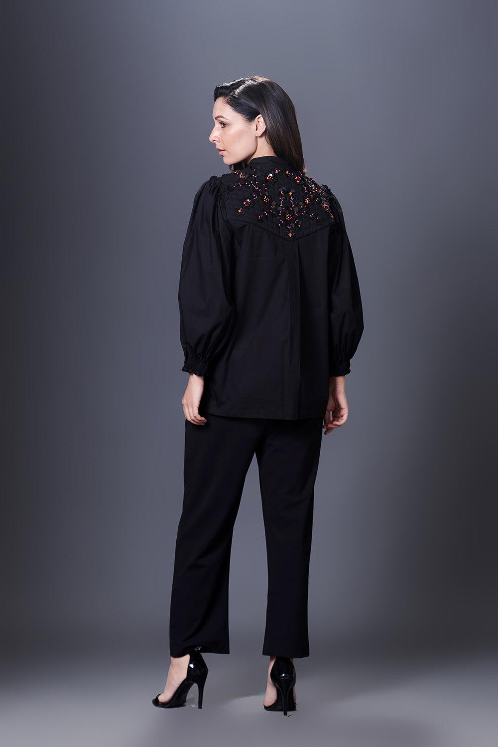 Black Stylish Jacket With Hand Embroidered Quilted Yoke - Auraya Fashion -  - #tag1# - #tag2# - #tag3# - #tag3#