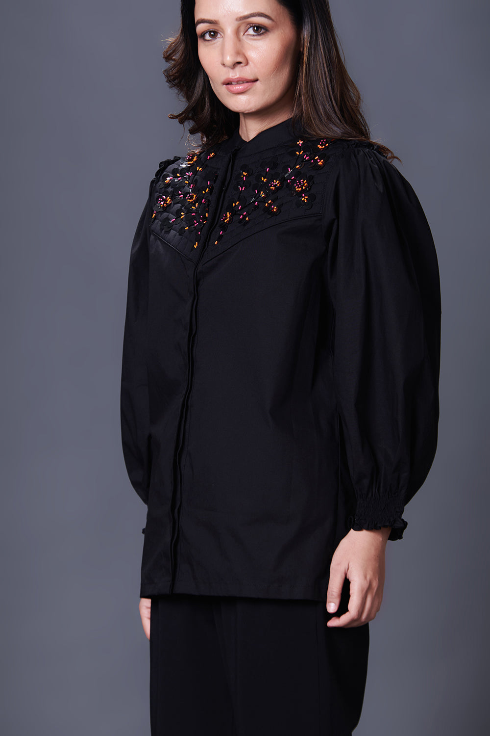 Black Stylish Jacket With Hand Embroidered Quilted Yoke - Auraya Fashion -  - #tag1# - #tag2# - #tag3# - #tag3#