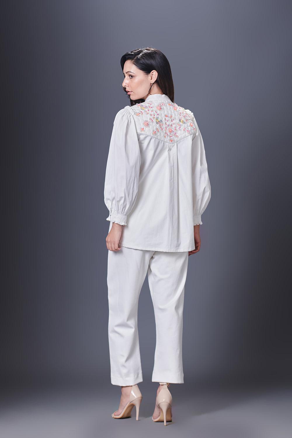 White Stylish Jacket With Hand Embroidered Quilted Yoke