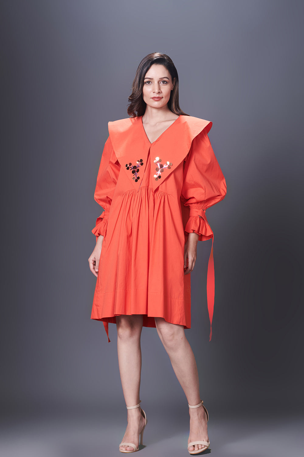 Orange Dress With Hand Embroidered Sailor Collars - Auraya Fashion - Deepika Arora - #tag1# - #tag2# - #tag3# - #tag3#