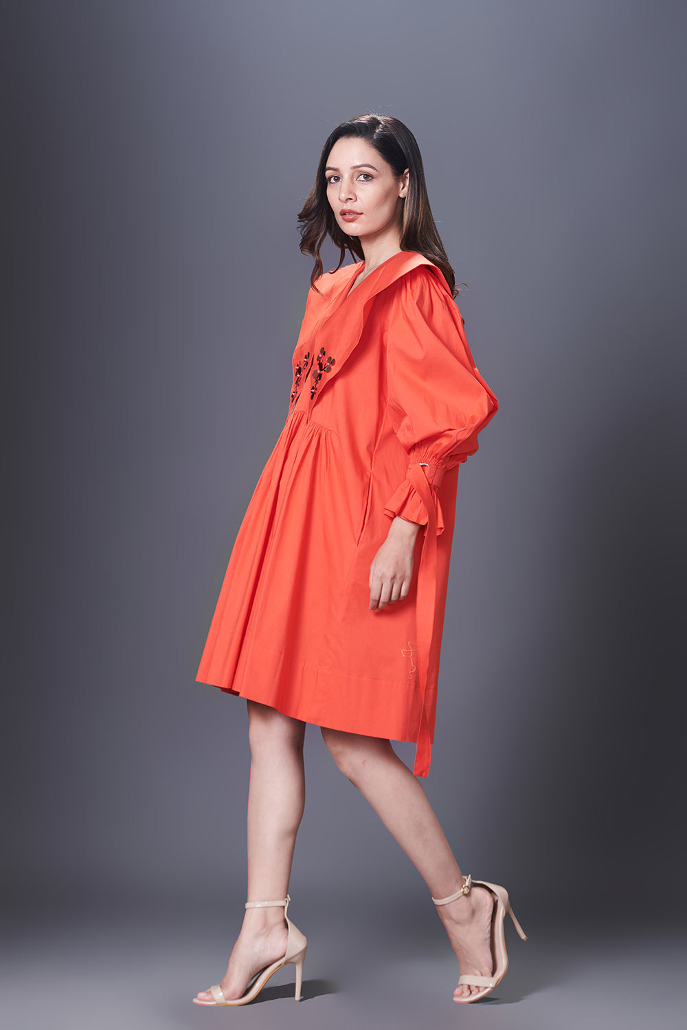 Orange Dress With Hand Embroidered Sailor Collars - Auraya Fashion -  - #tag1# - #tag2# - #tag3# - #tag3#