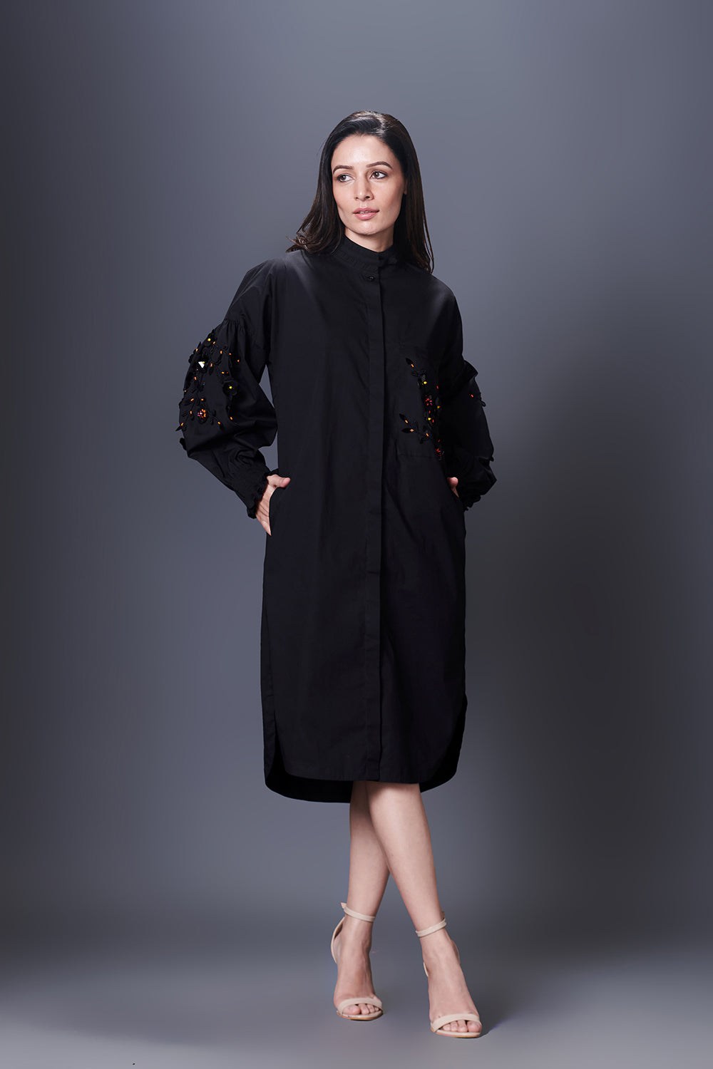 Black Shirt Dress With Hand Embroidered Pocket And Sleeves