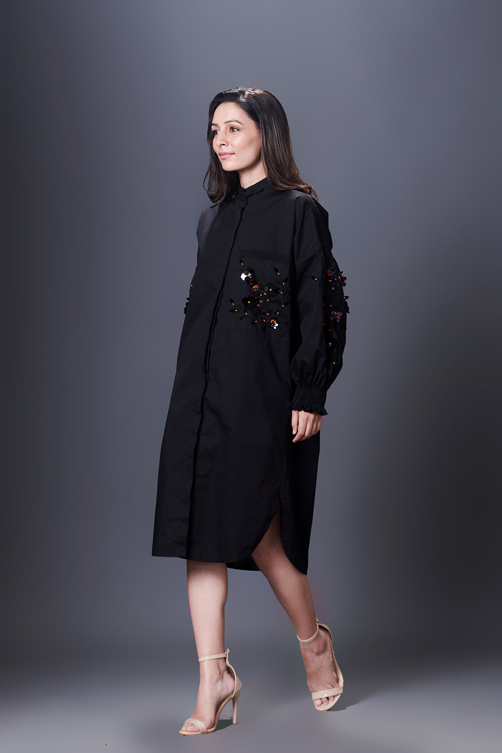 Black Shirt Dress With Hand Embroidered Pocket And Sleeves