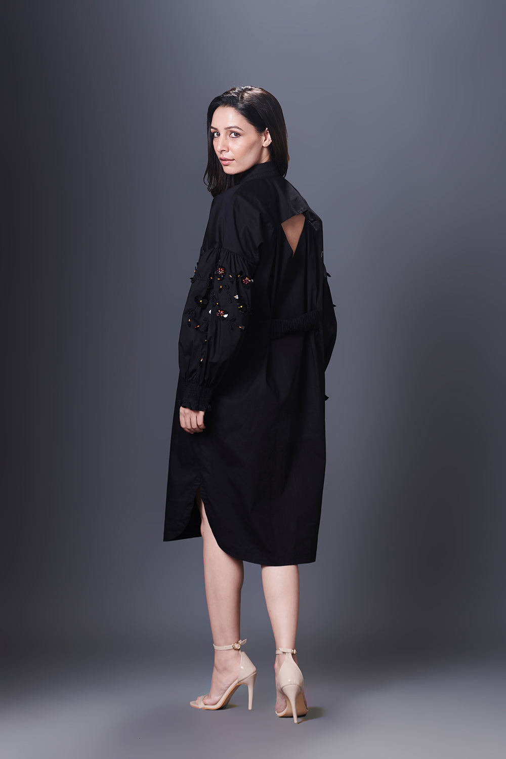 Black Shirt Dress With Hand Embroidered Pocket And Sleeves