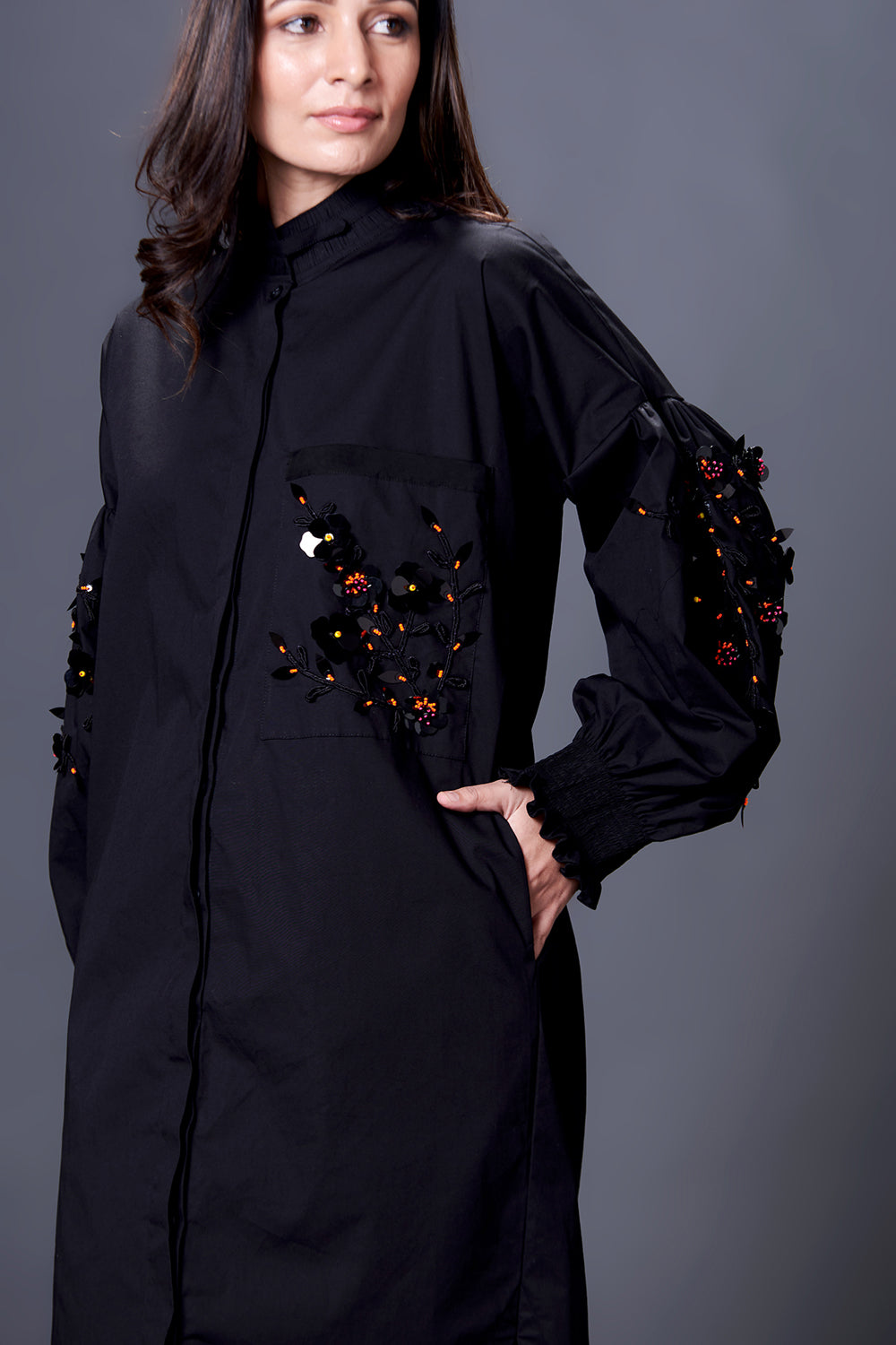 Black Shirt Dress With Hand Embroidered Pocket And Sleeves