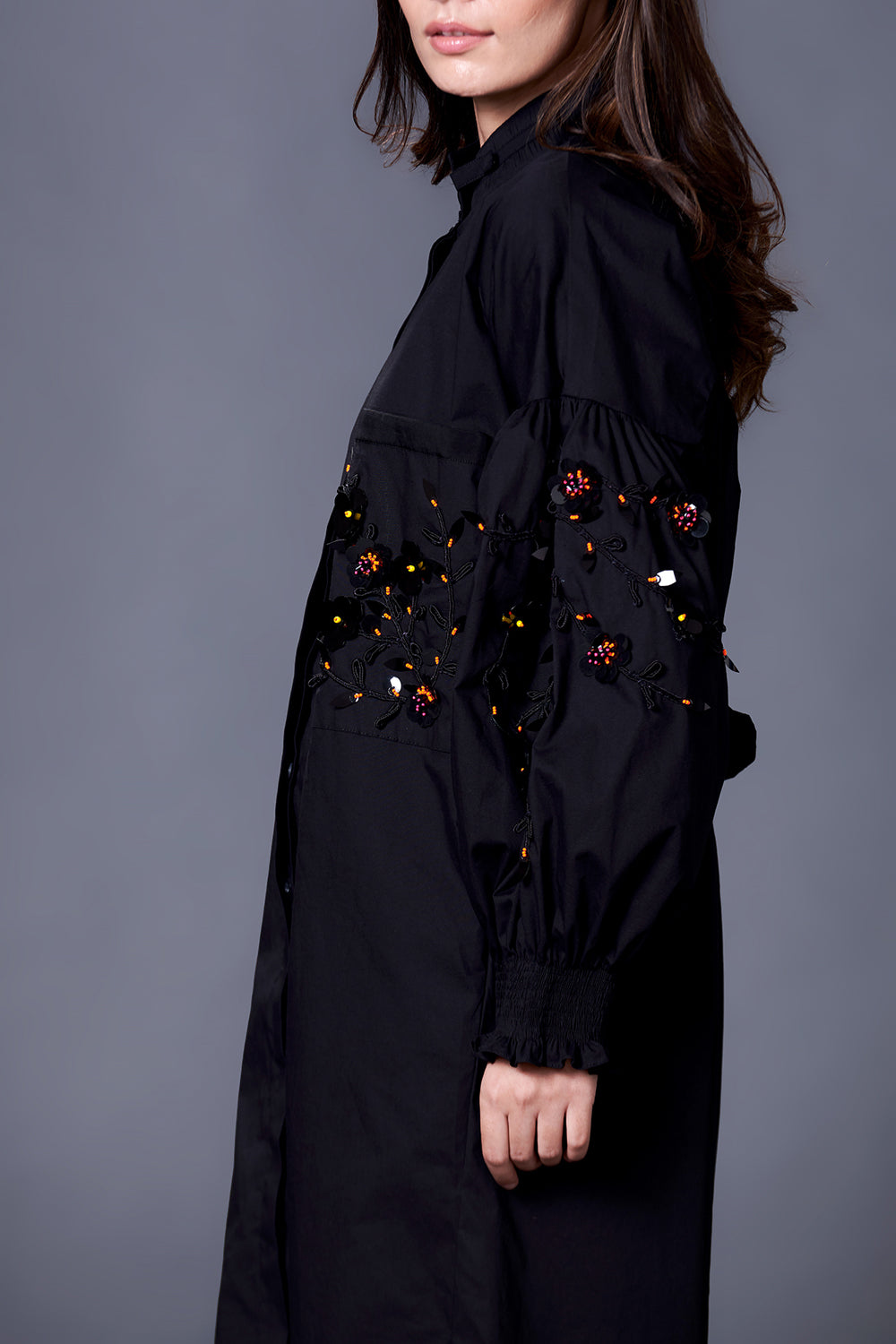 Black Shirt Dress With Hand Embroidered Pocket And Sleeves