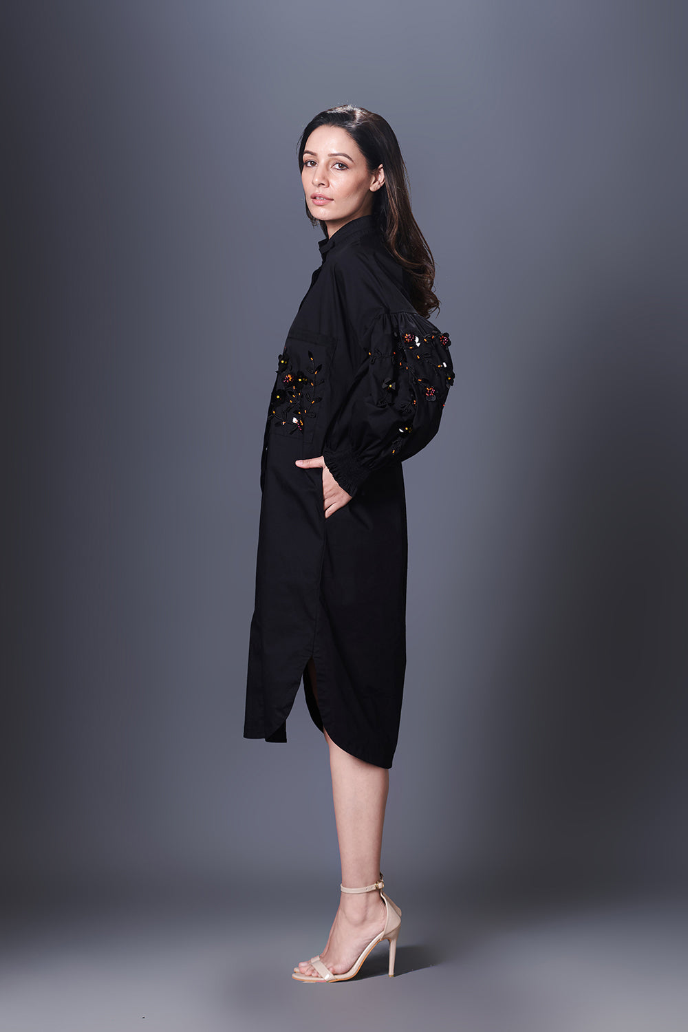 Black Shirt Dress With Hand Embroidered Pocket And Sleeves