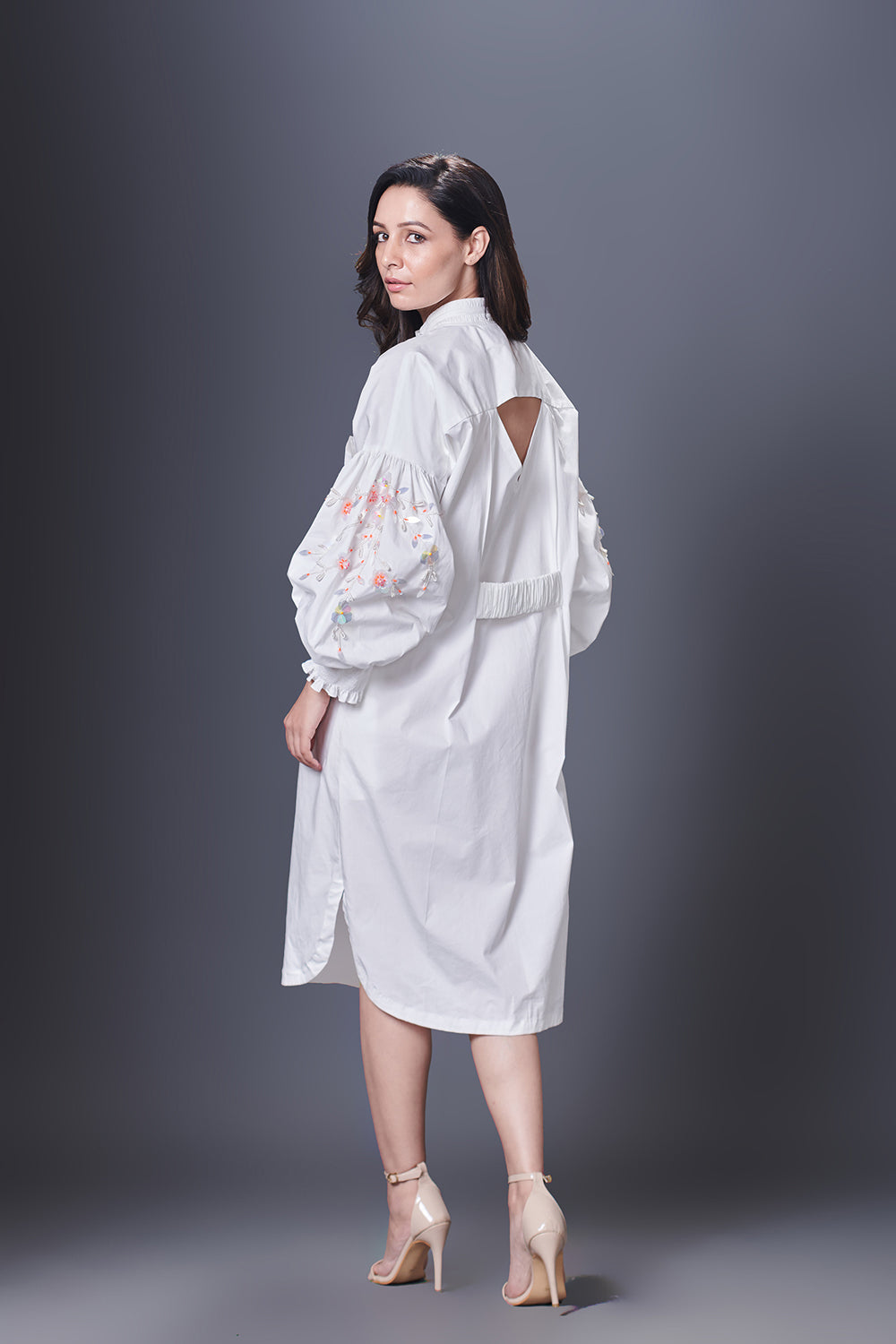 White Shirt Dress With Hand Embroidered Pocket And Sleeves