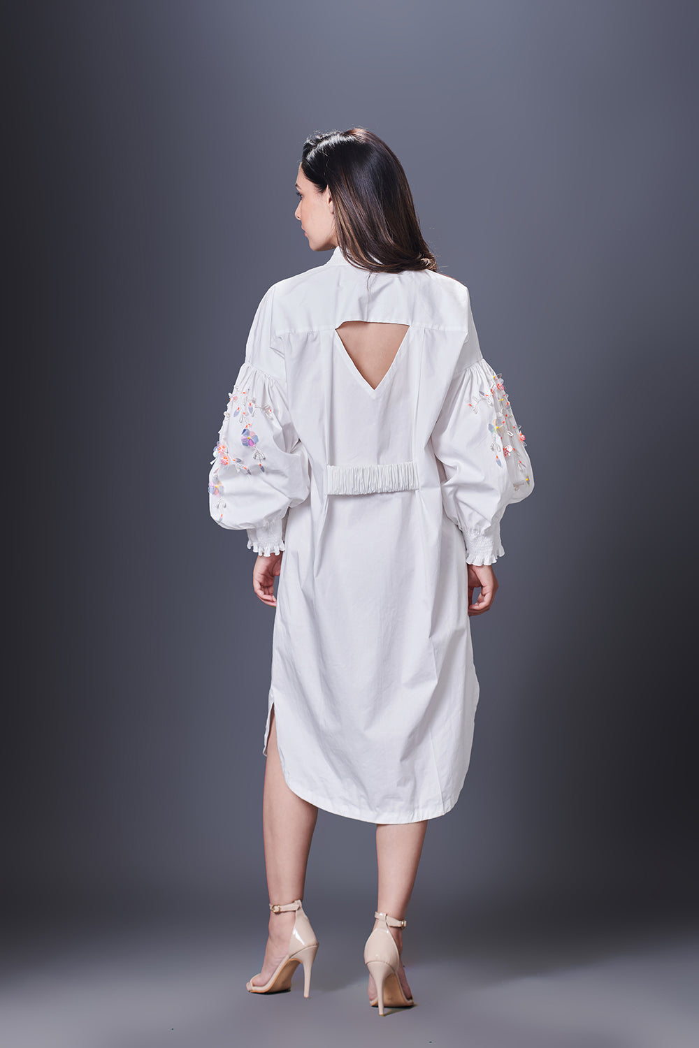 White Shirt Dress With Hand Embroidered Pocket And Sleeves