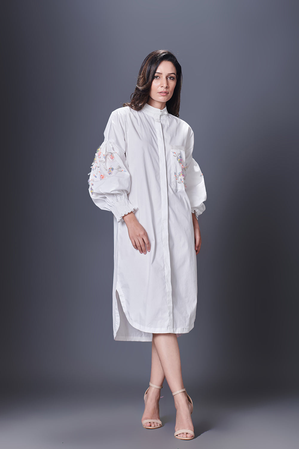 White Shirt Dress With Hand Embroidered Pocket And Sleeves