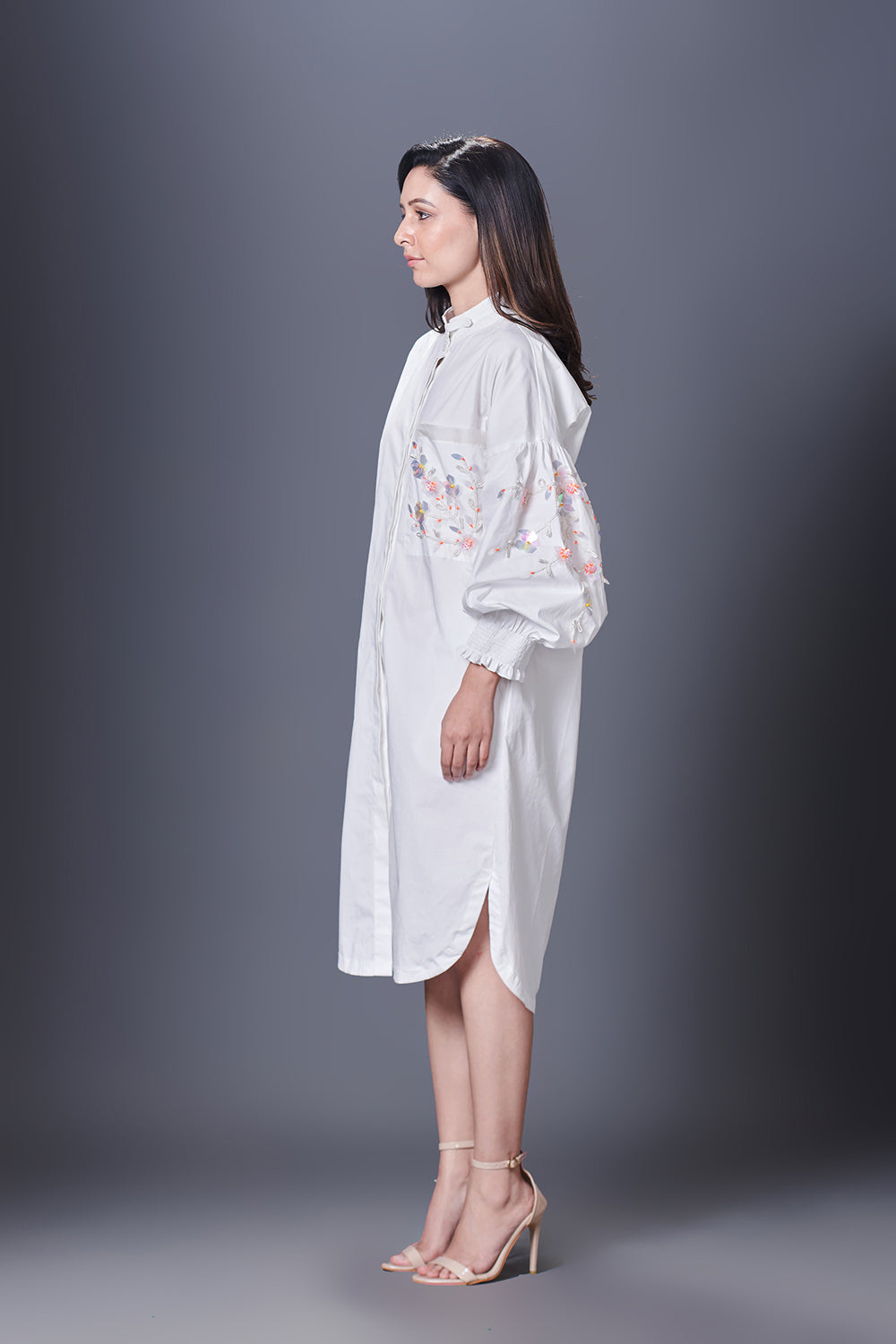 White Shirt Dress With Hand Embroidered Pocket And Sleeves