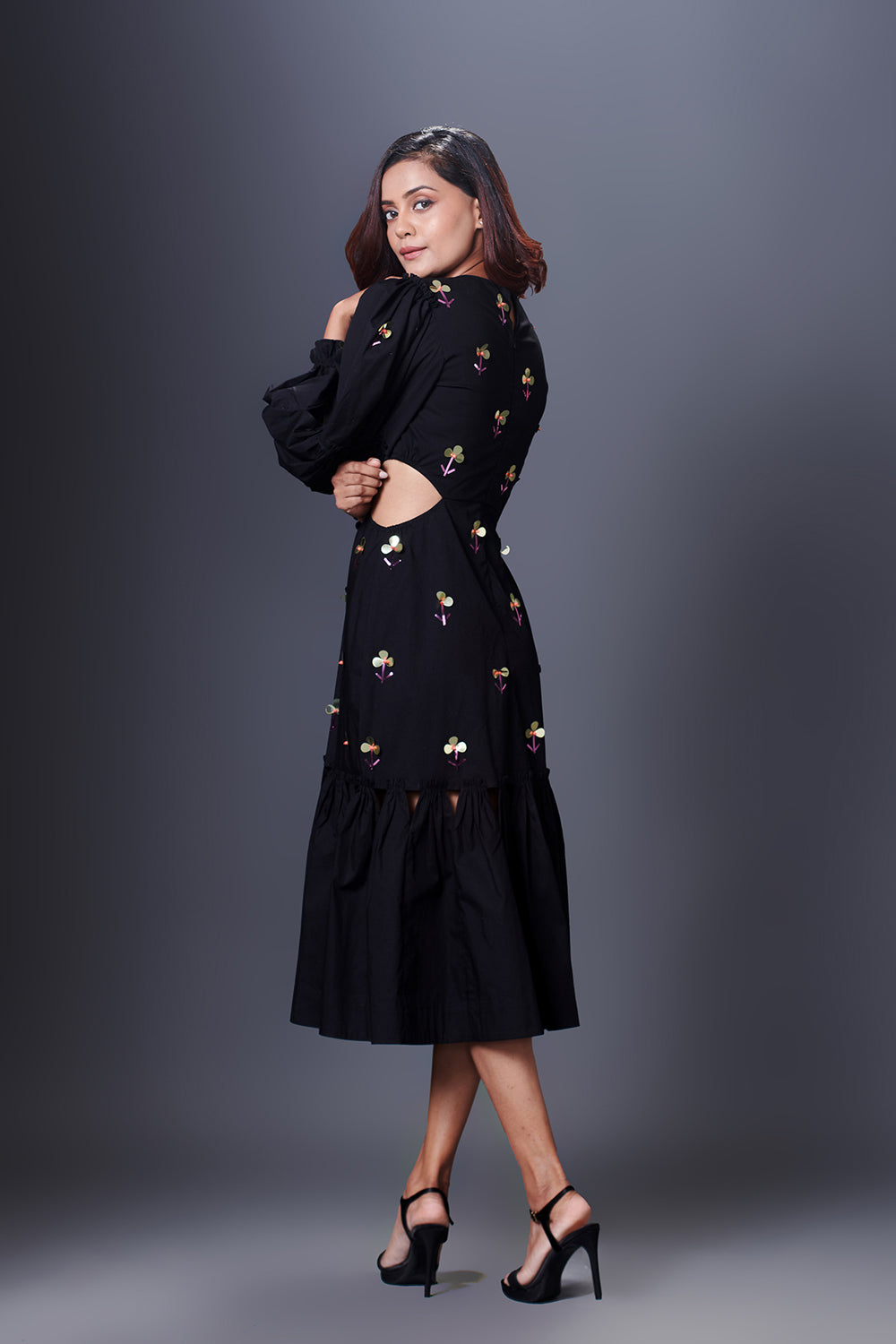 Black Hand Embroidered Cutout Dress With Puffed Sleeves - Auraya Fashion -  - #tag1# - #tag2# - #tag3# - #tag3#