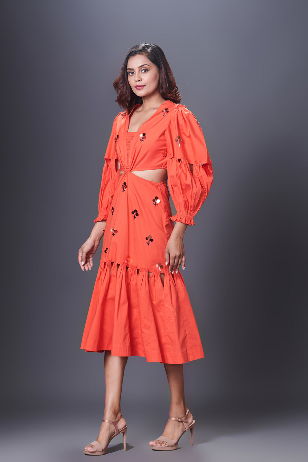 Orange Hand Embroidered Cutout Dress With Puffed Sleeves - Auraya Fashion -  - #tag1# - #tag2# - #tag3# - #tag3#