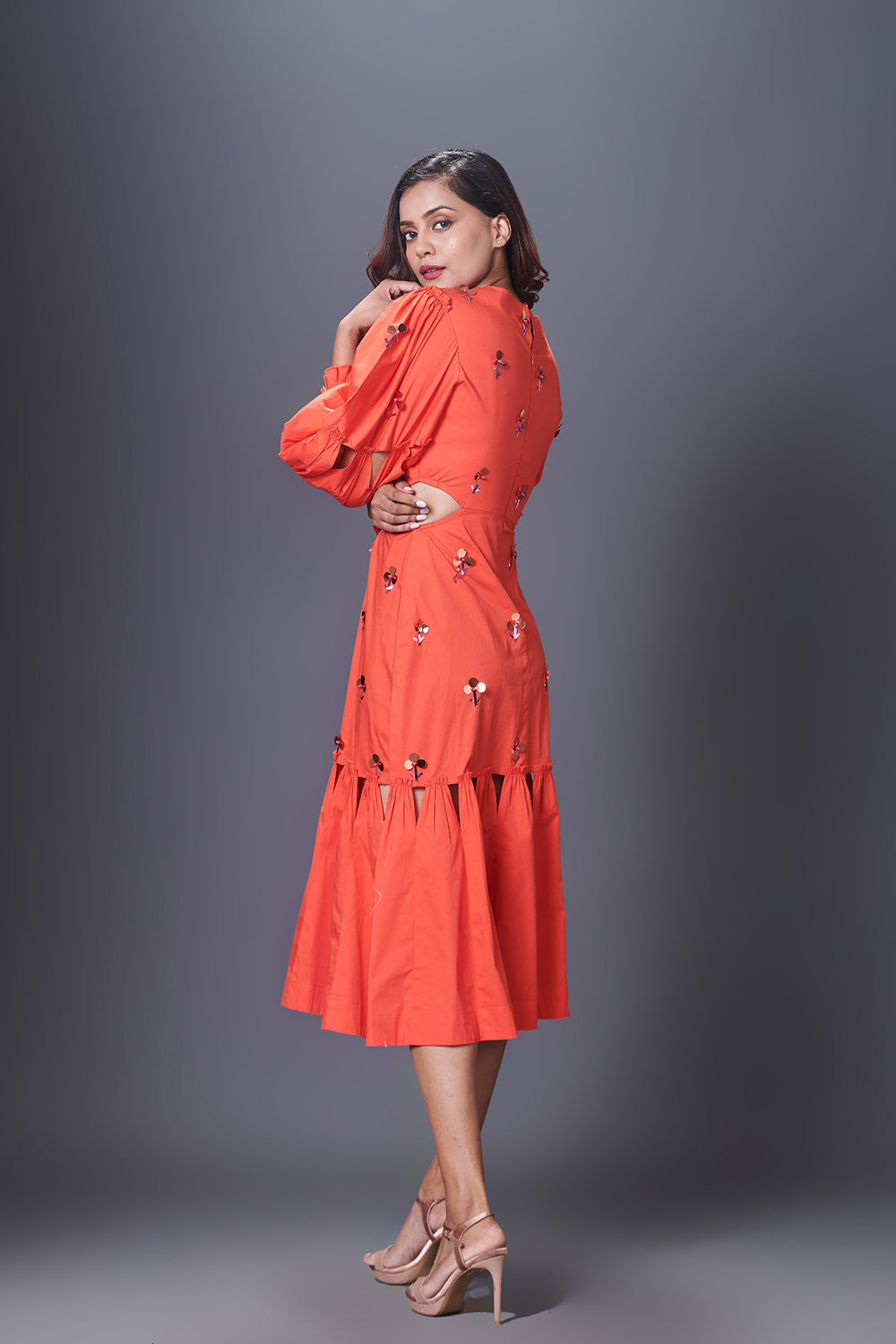 Orange Hand Embroidered Cutout Dress With Puffed Sleeves - Auraya Fashion -  - #tag1# - #tag2# - #tag3# - #tag3#