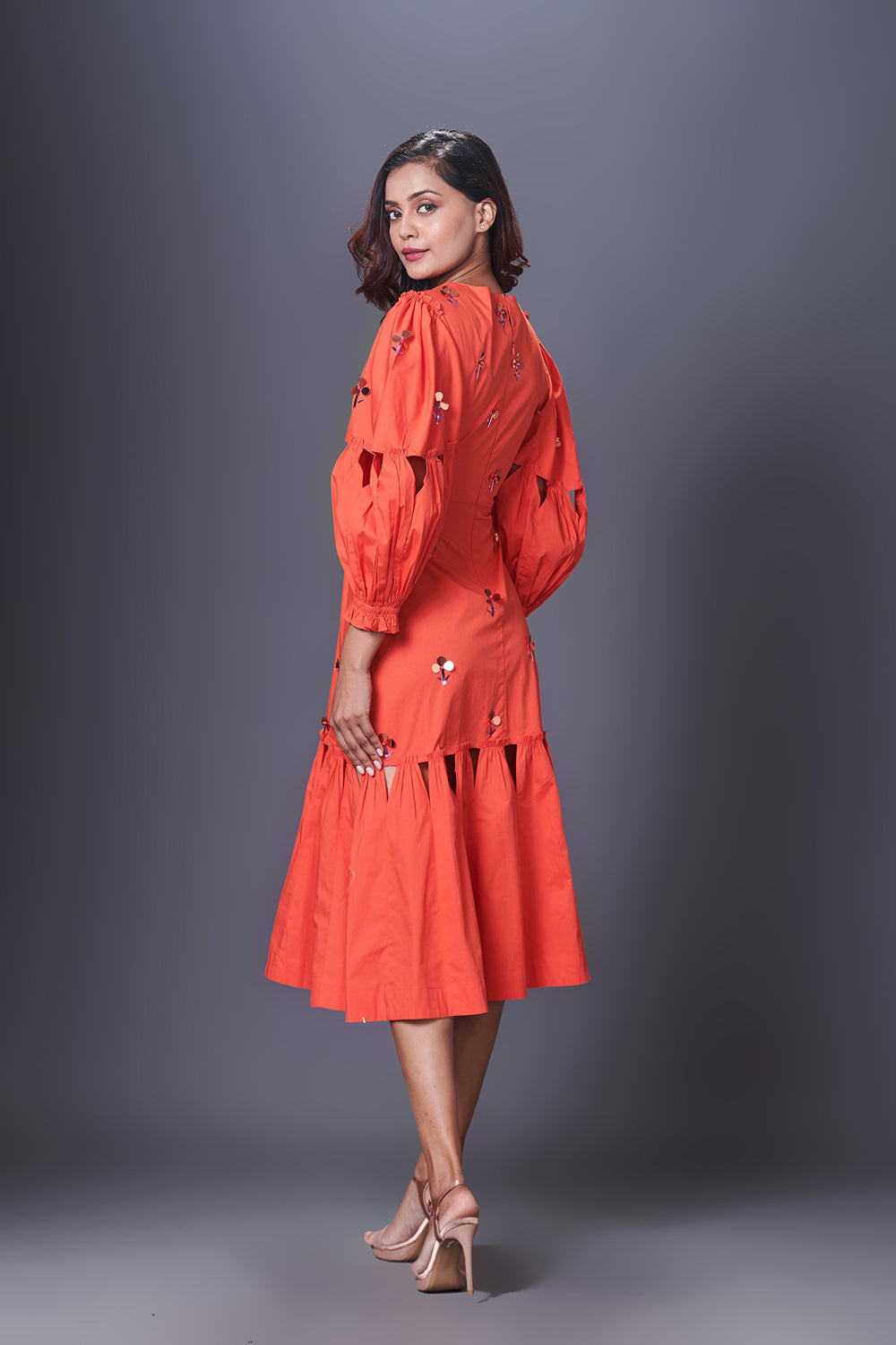 Orange Hand Embroidered Cutout Dress With Puffed Sleeves - Auraya Fashion -  - #tag1# - #tag2# - #tag3# - #tag3#