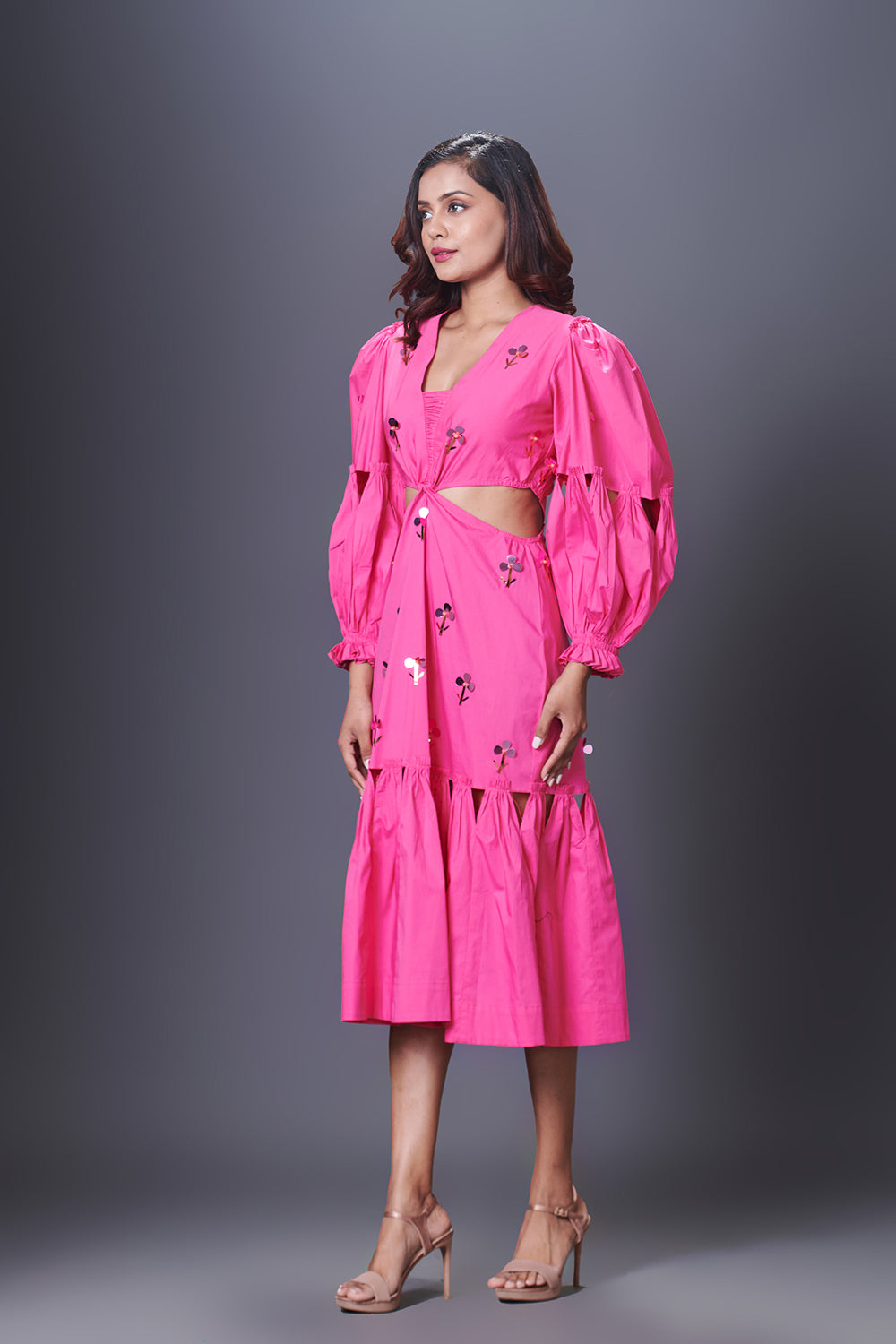 Pink Hand Embroidered Cutout Dress With Puffed Sleeves - Auraya Fashion - Deepika Arora - #tag1# - #tag2# - #tag3# - #tag3#