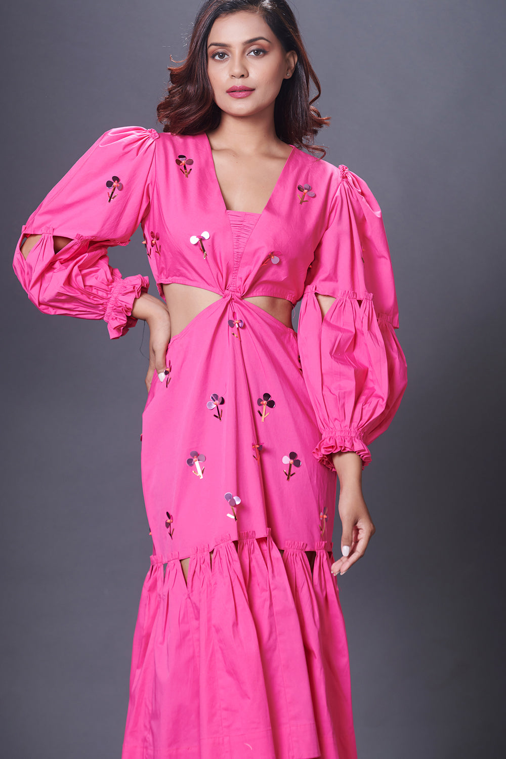 Pink Hand Embroidered Cutout Dress With Puffed Sleeves - Auraya Fashion -  - #tag1# - #tag2# - #tag3# - #tag3#