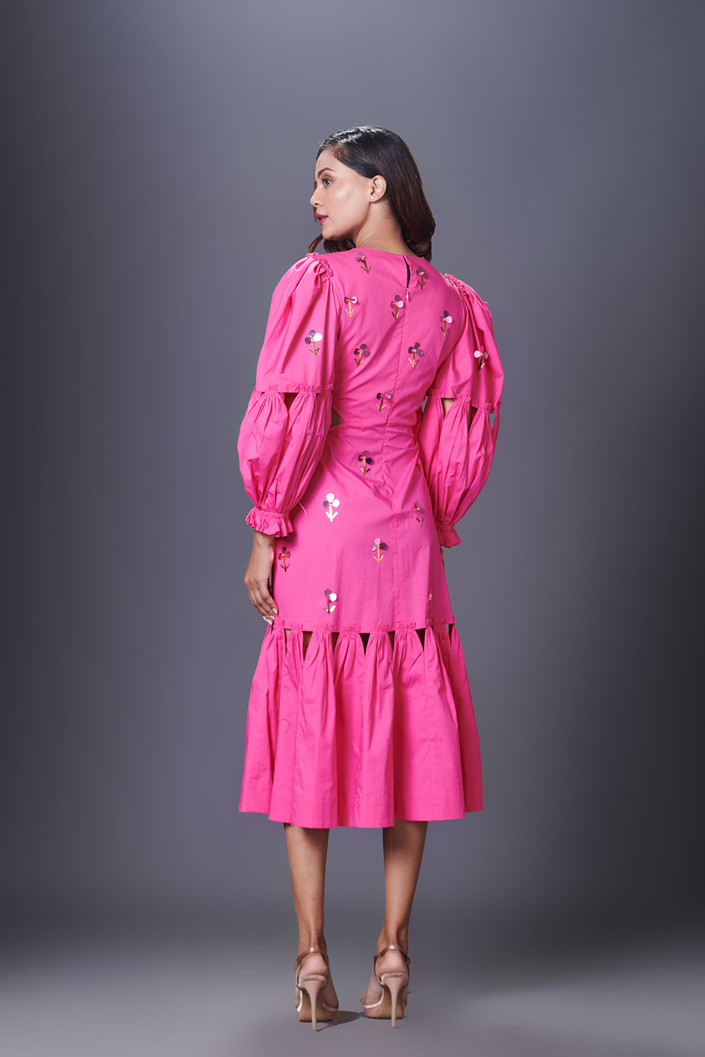 Pink Hand Embroidered Cutout Dress With Puffed Sleeves - Auraya Fashion -  - #tag1# - #tag2# - #tag3# - #tag3#