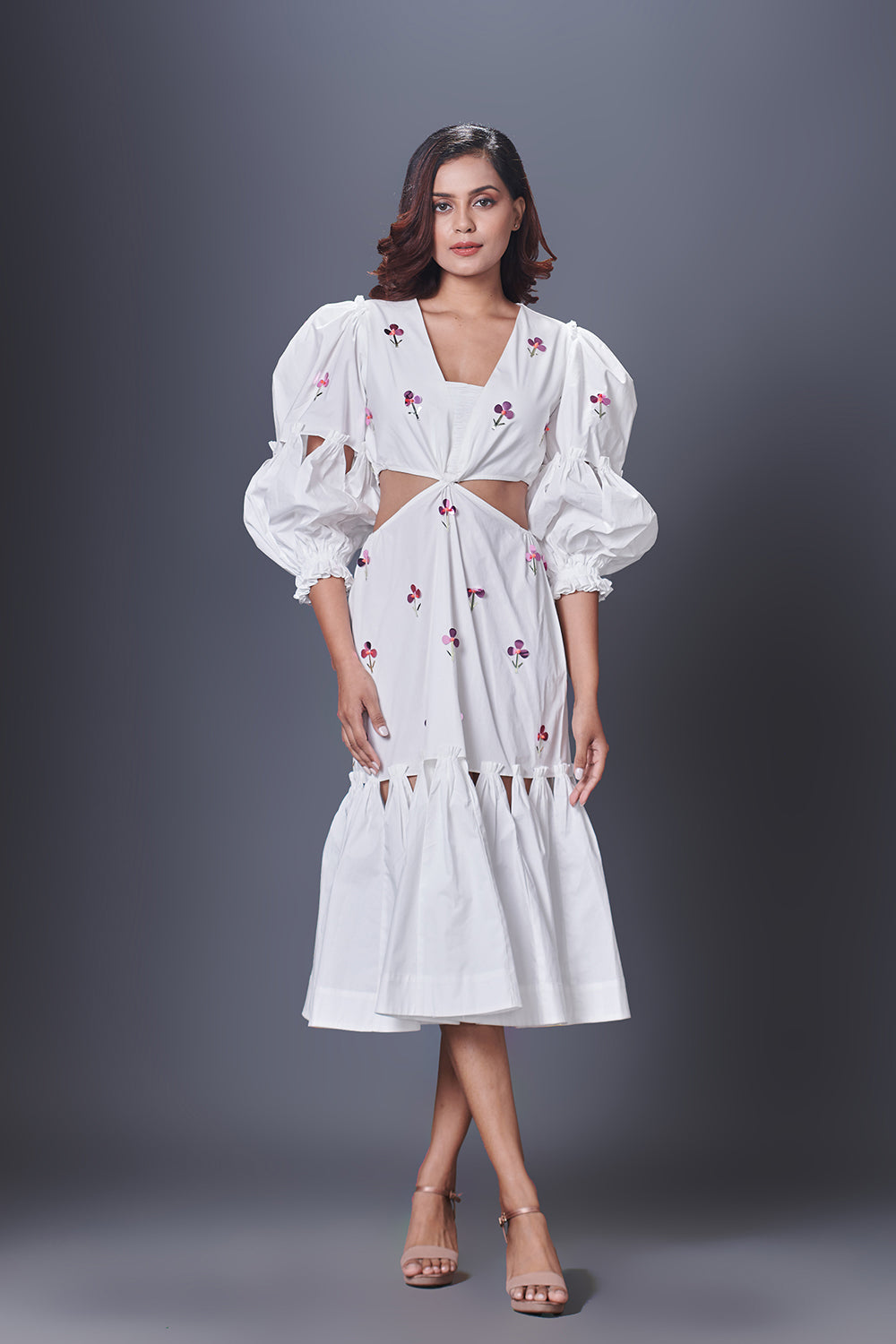 White Hand Embroidered Cutout Dress With Puffed Sleeves