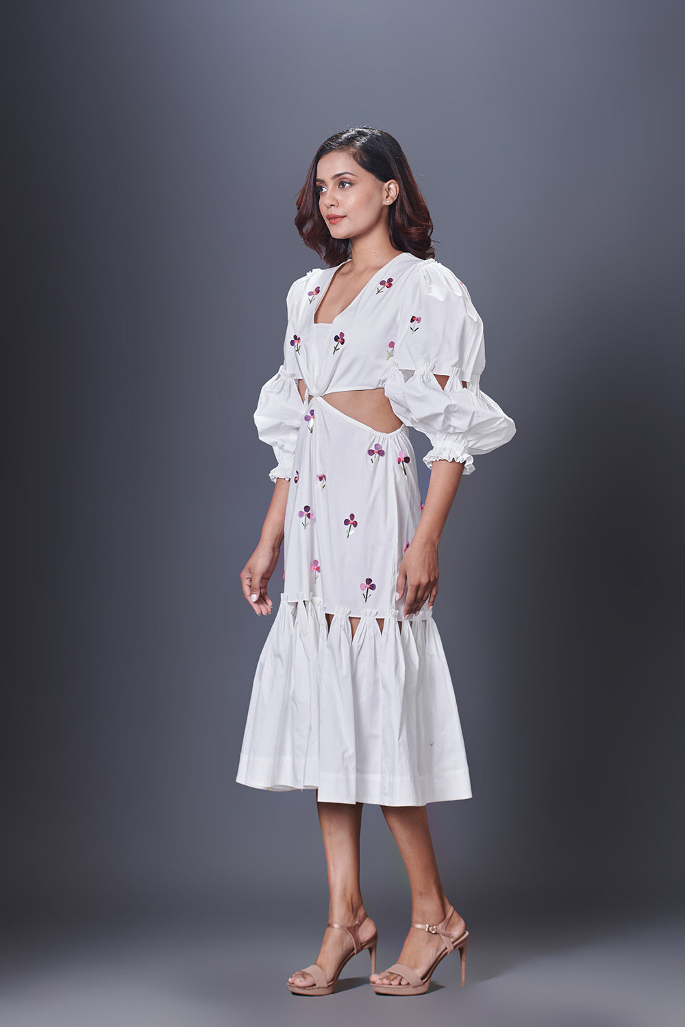 White Hand Embroidered Cutout Dress With Puffed Sleeves