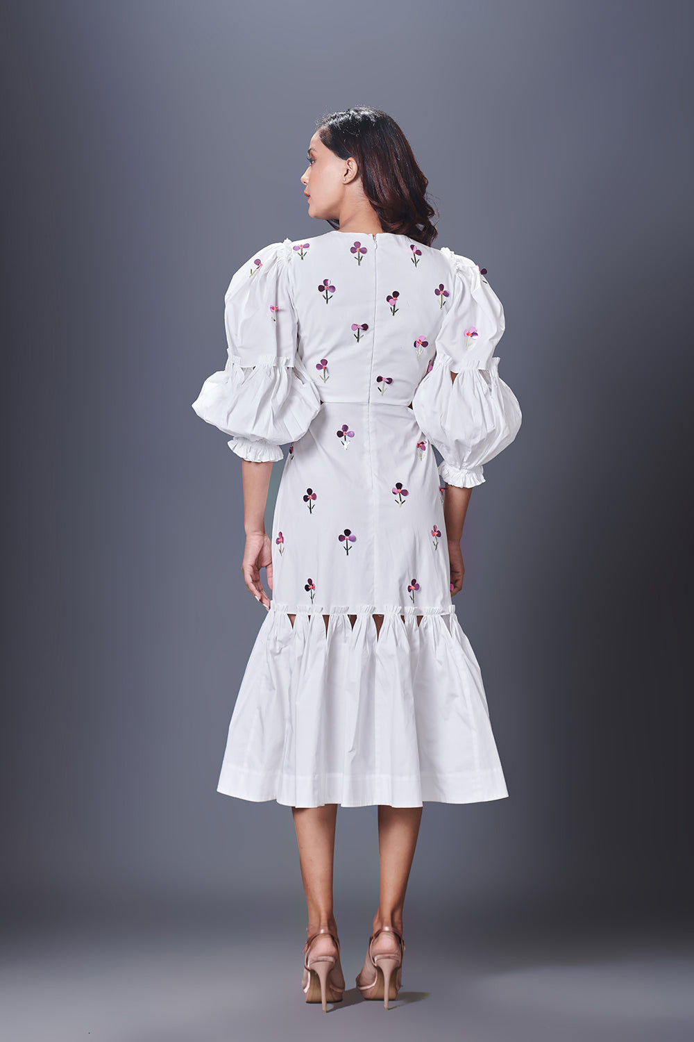 White Hand Embroidered Cutout Dress With Puffed Sleeves