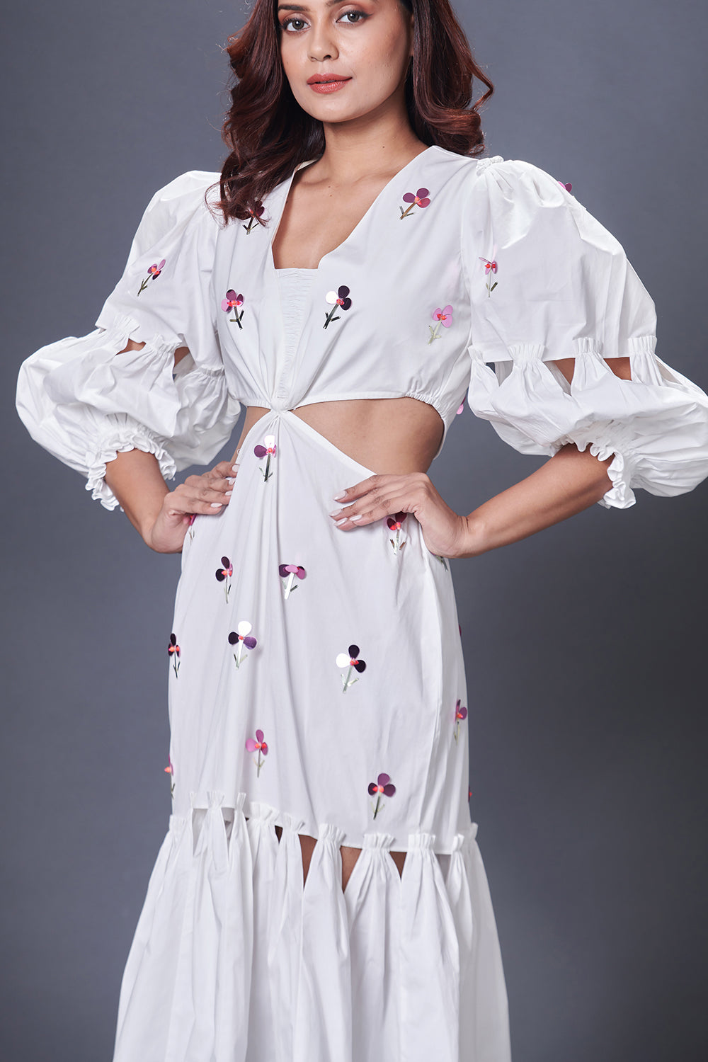 White Hand Embroidered Cutout Dress With Puffed Sleeves