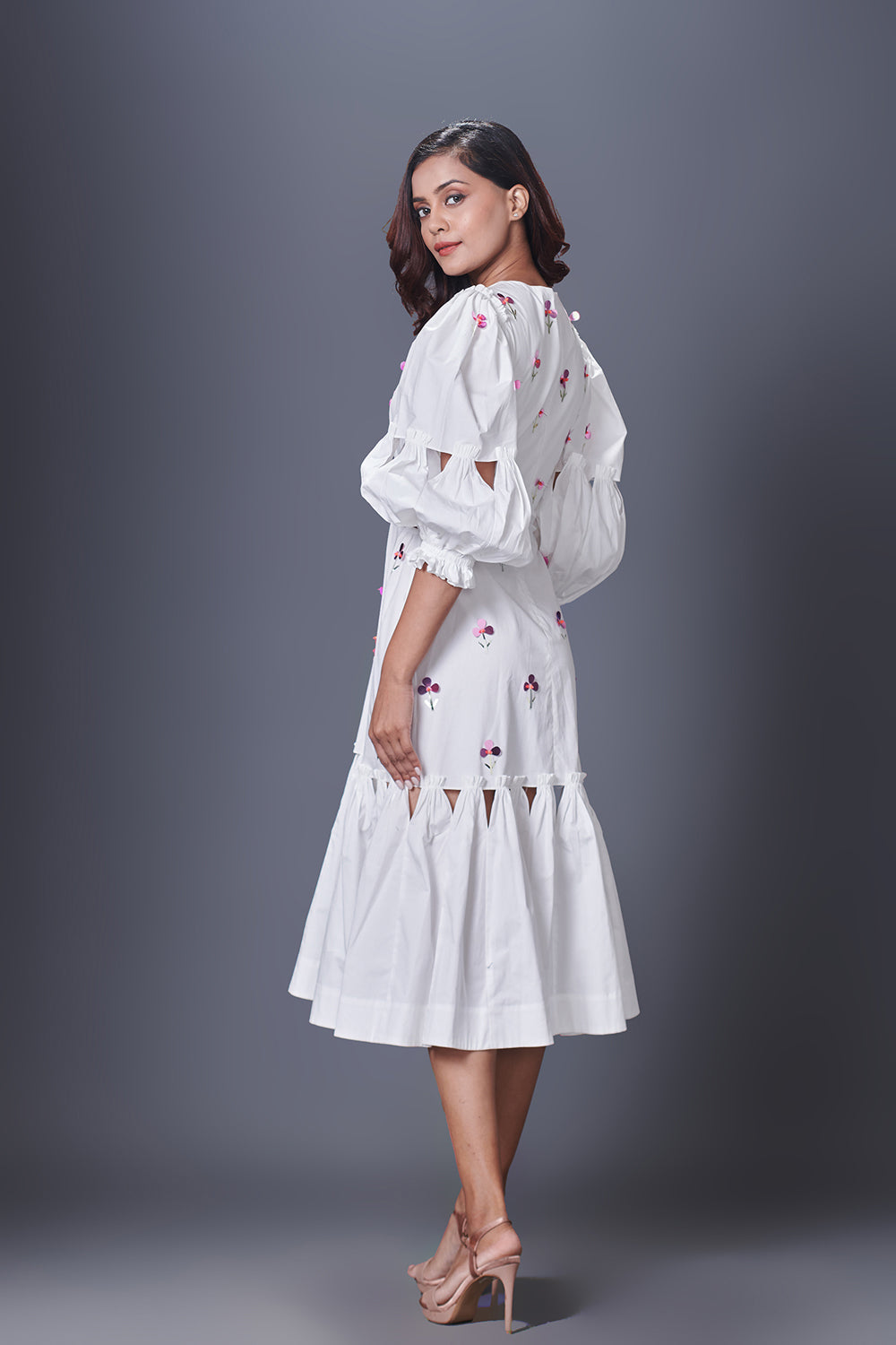 White Hand Embroidered Cutout Dress With Puffed Sleeves