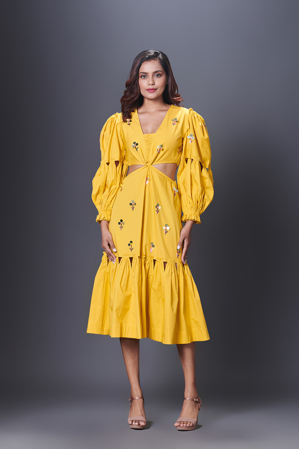 Yellow Hand Embroidered Cutout Dress With Puffed Sleeves