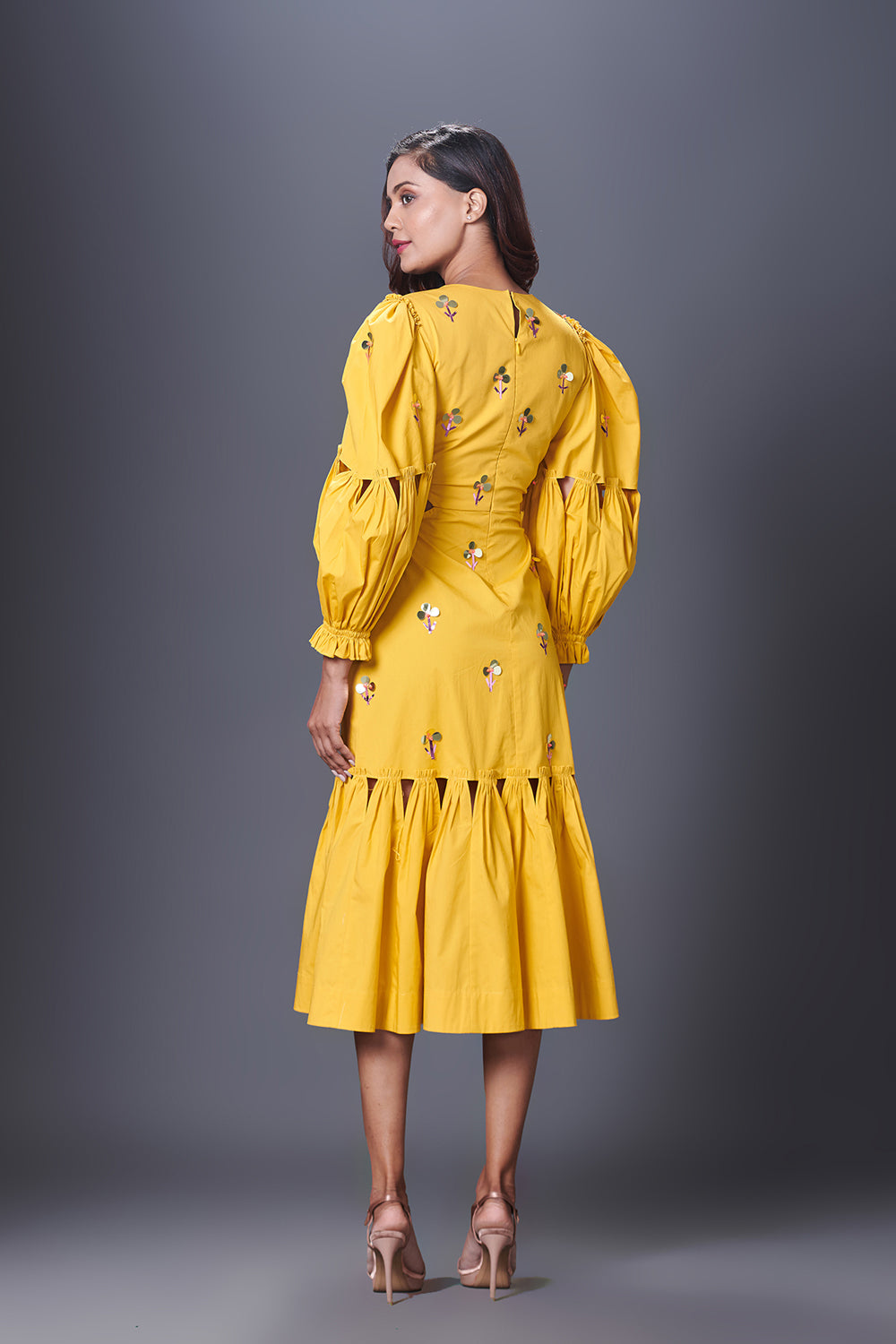 Yellow Hand Embroidered Cutout Dress With Puffed Sleeves