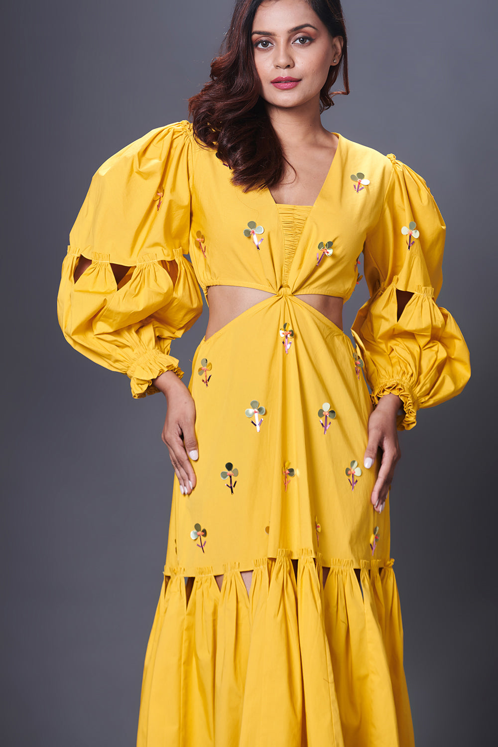 Yellow Hand Embroidered Cutout Dress With Puffed Sleeves