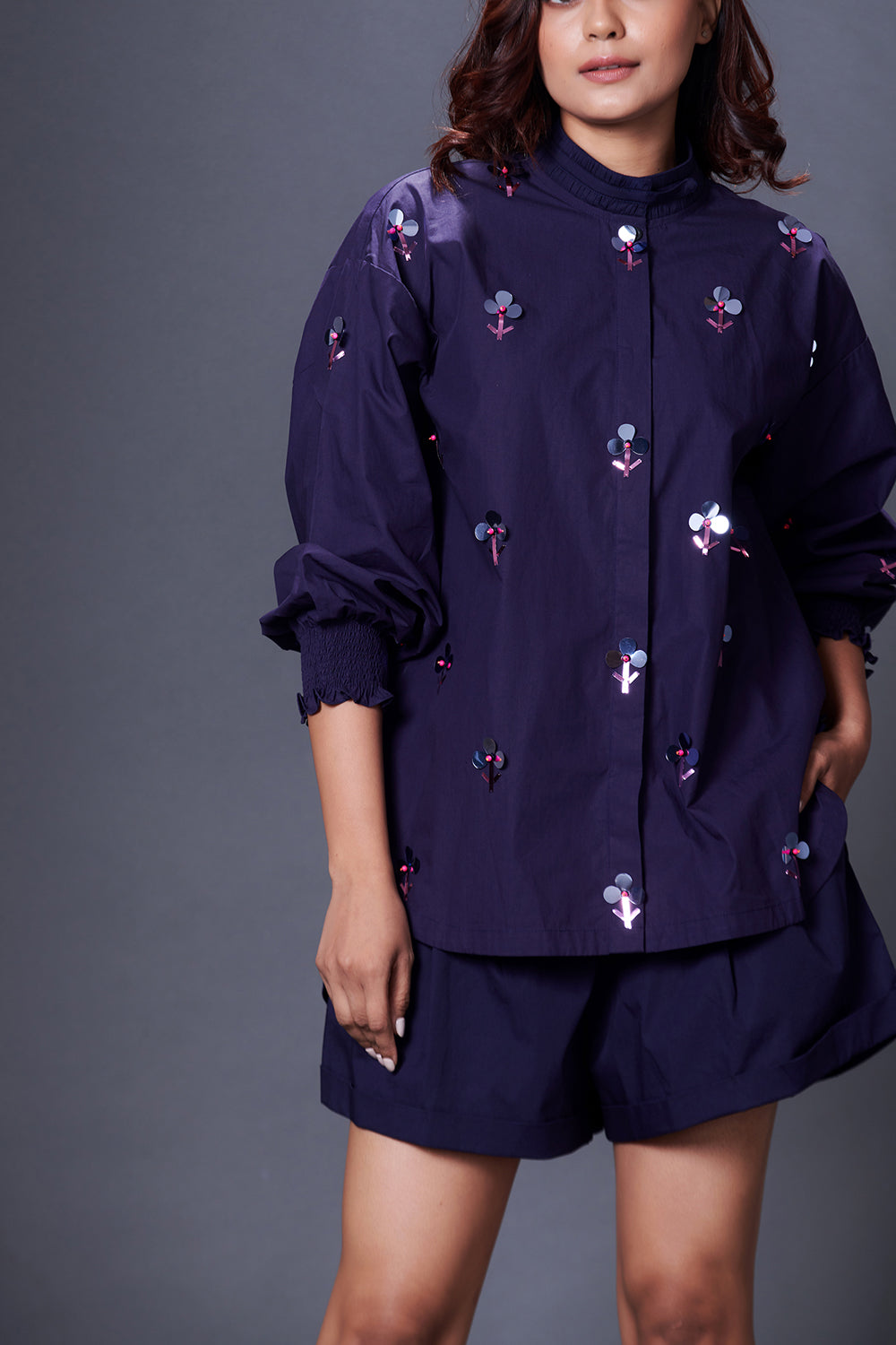 Navy Blue Hand Embroidered Shirt With Shorts Co-Ord Set - Auraya Fashion -  - #tag1# - #tag2# - #tag3# - #tag3#