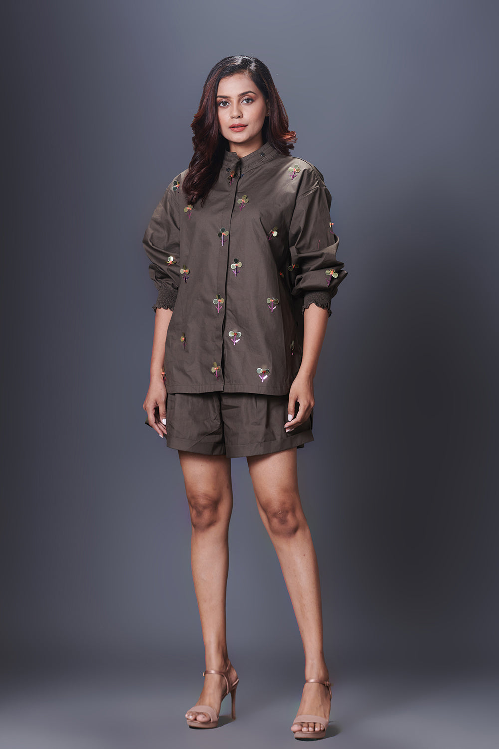 Olive Green Hand Embroidered Shirt With Shorts Co-Ord Set - Auraya Fashion - Deepika Arora - #tag1# - #tag2# - #tag3# - #tag3#