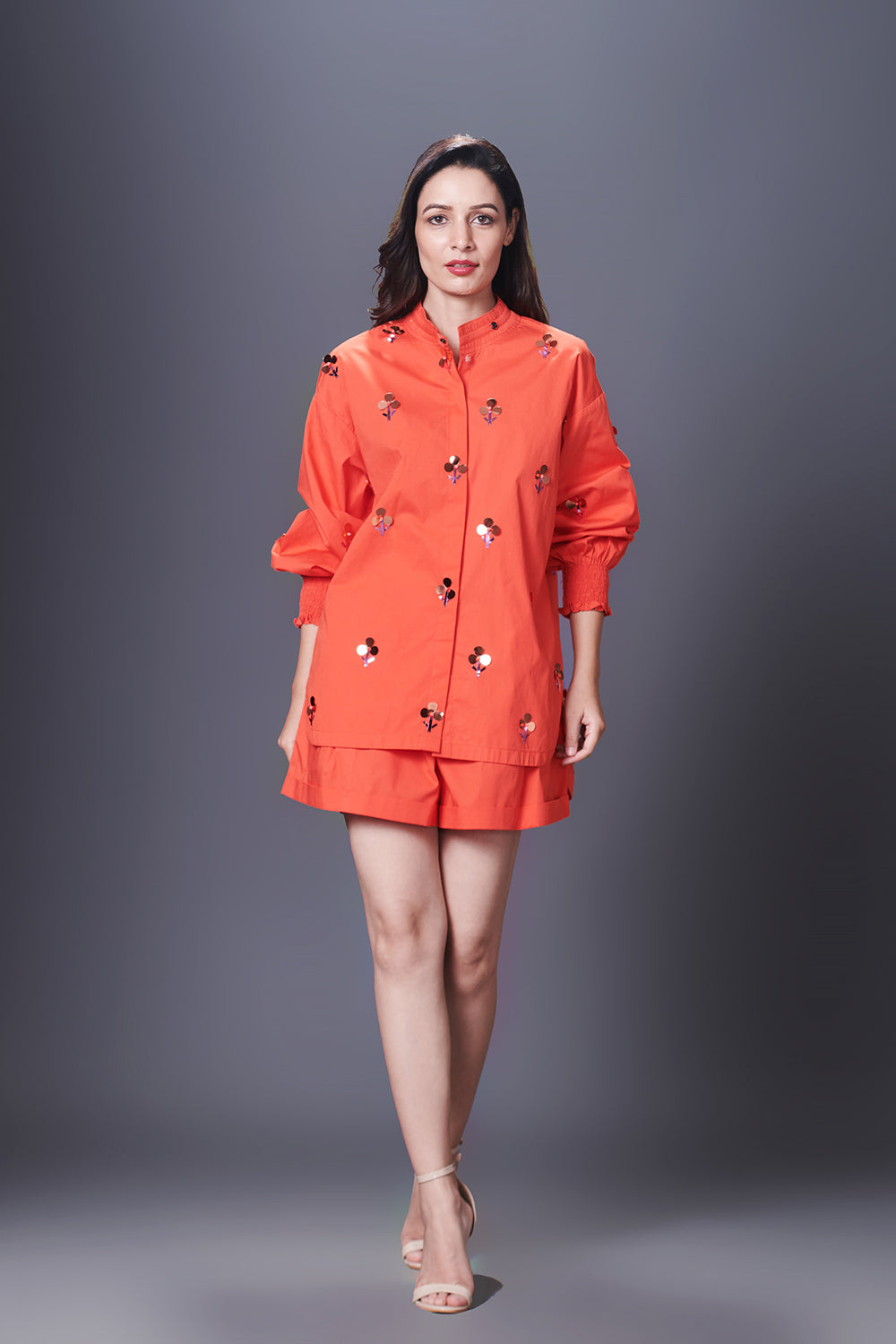 Orange Hand Embroidered Shirt With Shorts Co-Ord Set - Auraya Fashion - Deepika Arora - #tag1# - #tag2# - #tag3# - #tag3#