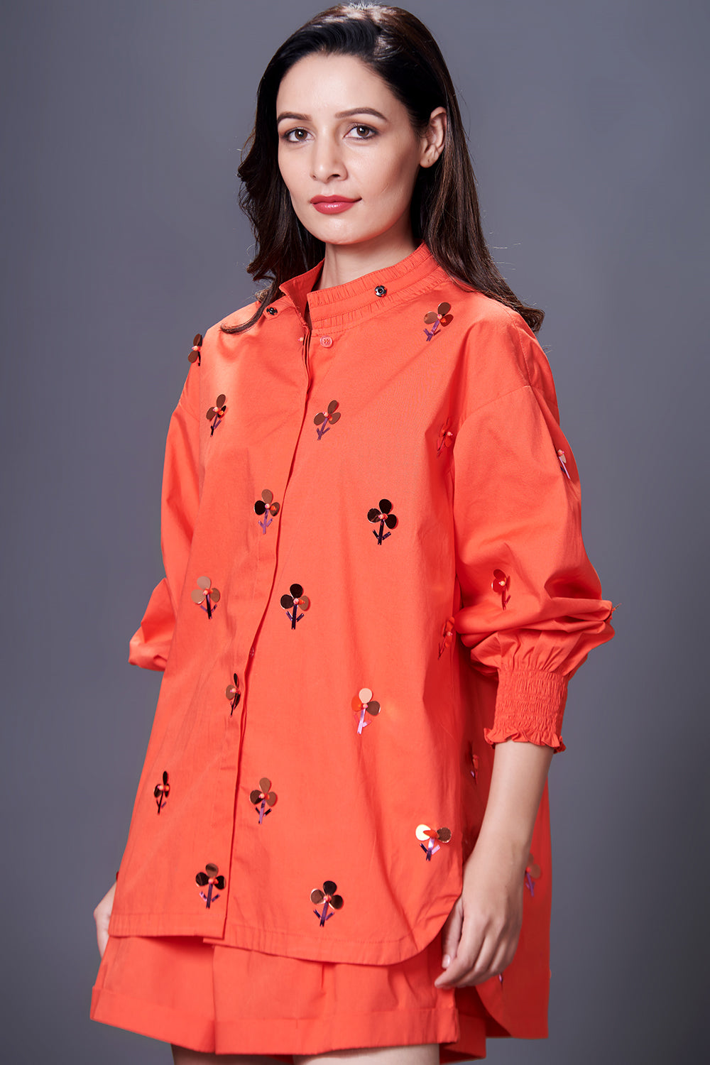 Orange Hand Embroidered Shirt With Shorts Co-Ord Set - Auraya Fashion -  - #tag1# - #tag2# - #tag3# - #tag3#