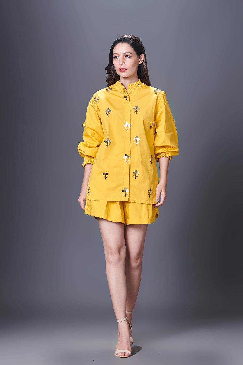 Yellow Hand Embroidered Shirt With Shorts Co-Ord Set