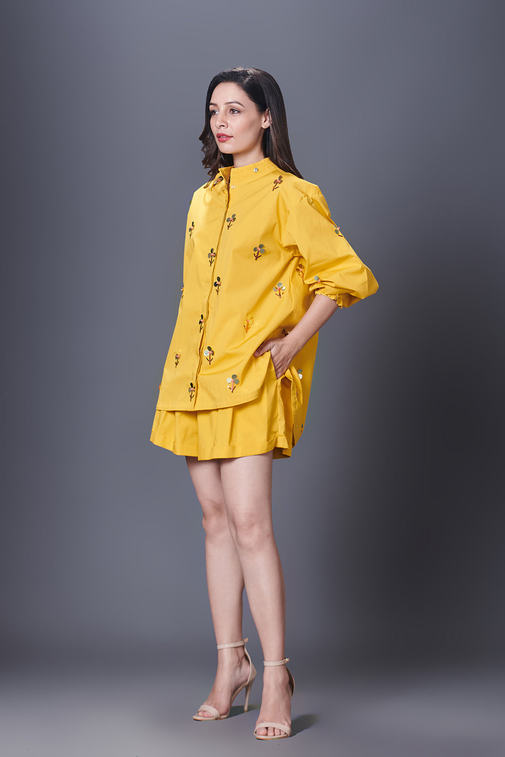 Yellow Hand Embroidered Shirt With Shorts Co-Ord Set