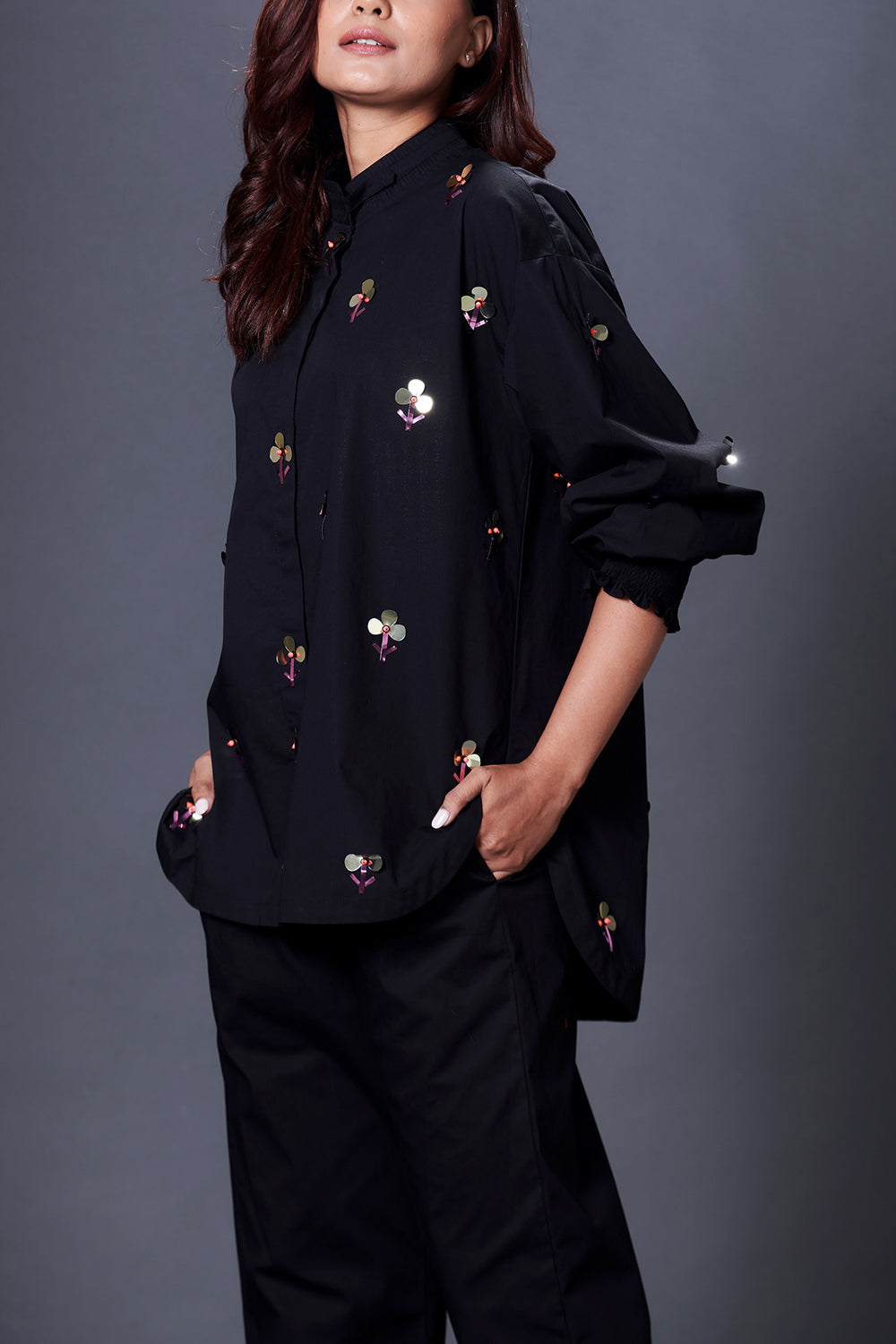 Black Hand Embroidered Shirt With Pants Co-Ord Set - Auraya Fashion -  - #tag1# - #tag2# - #tag3# - #tag3#