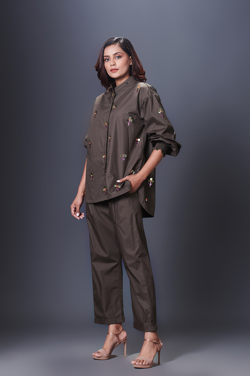 Olive Green Hand Embroidered Shirt With Pants Co-Ord Set - Auraya Fashion -  - #tag1# - #tag2# - #tag3# - #tag3#