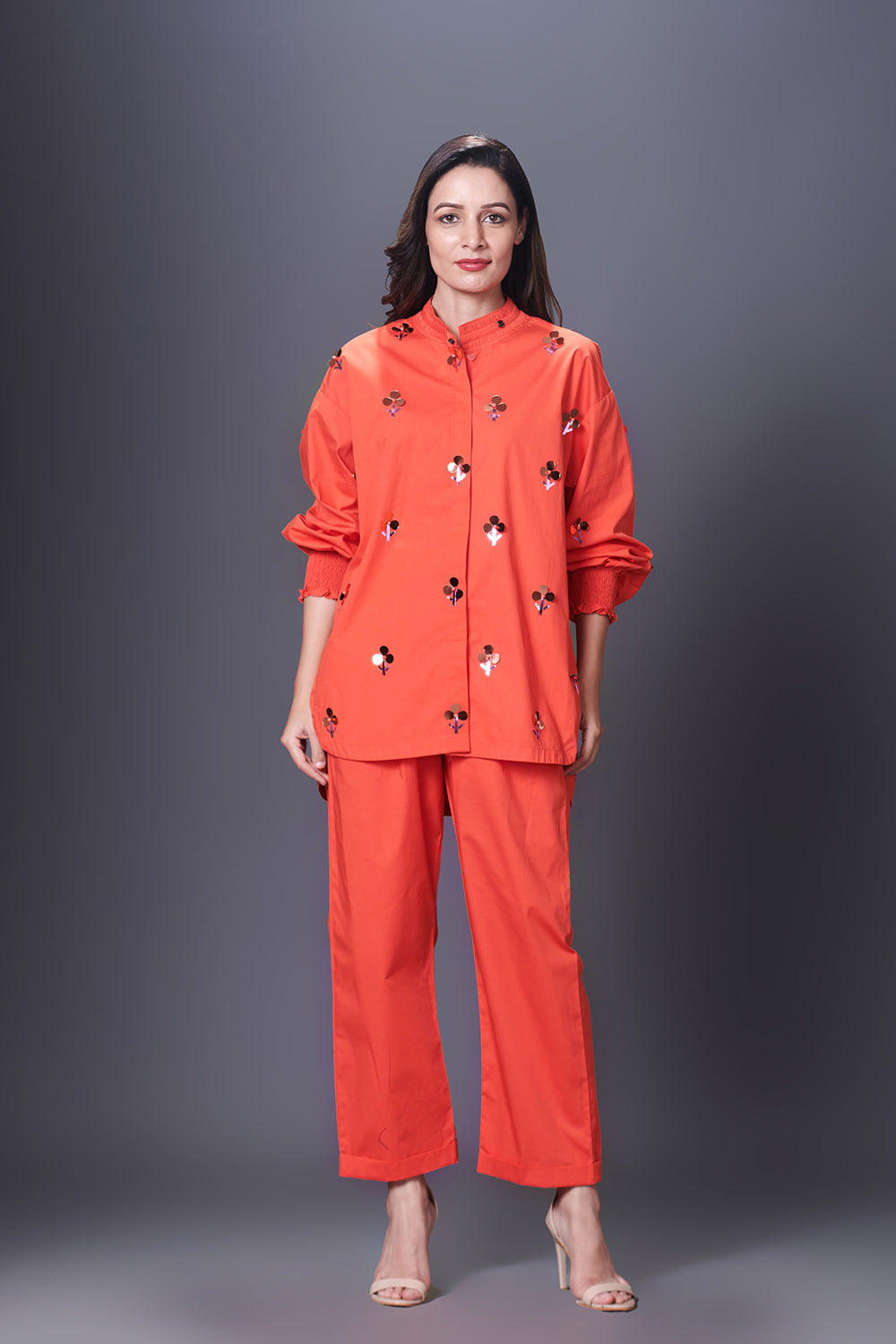 Orange Hand Embroidered Shirt With Pants Co-Ord Set - Auraya Fashion - Deepika Arora - #tag1# - #tag2# - #tag3# - #tag3#