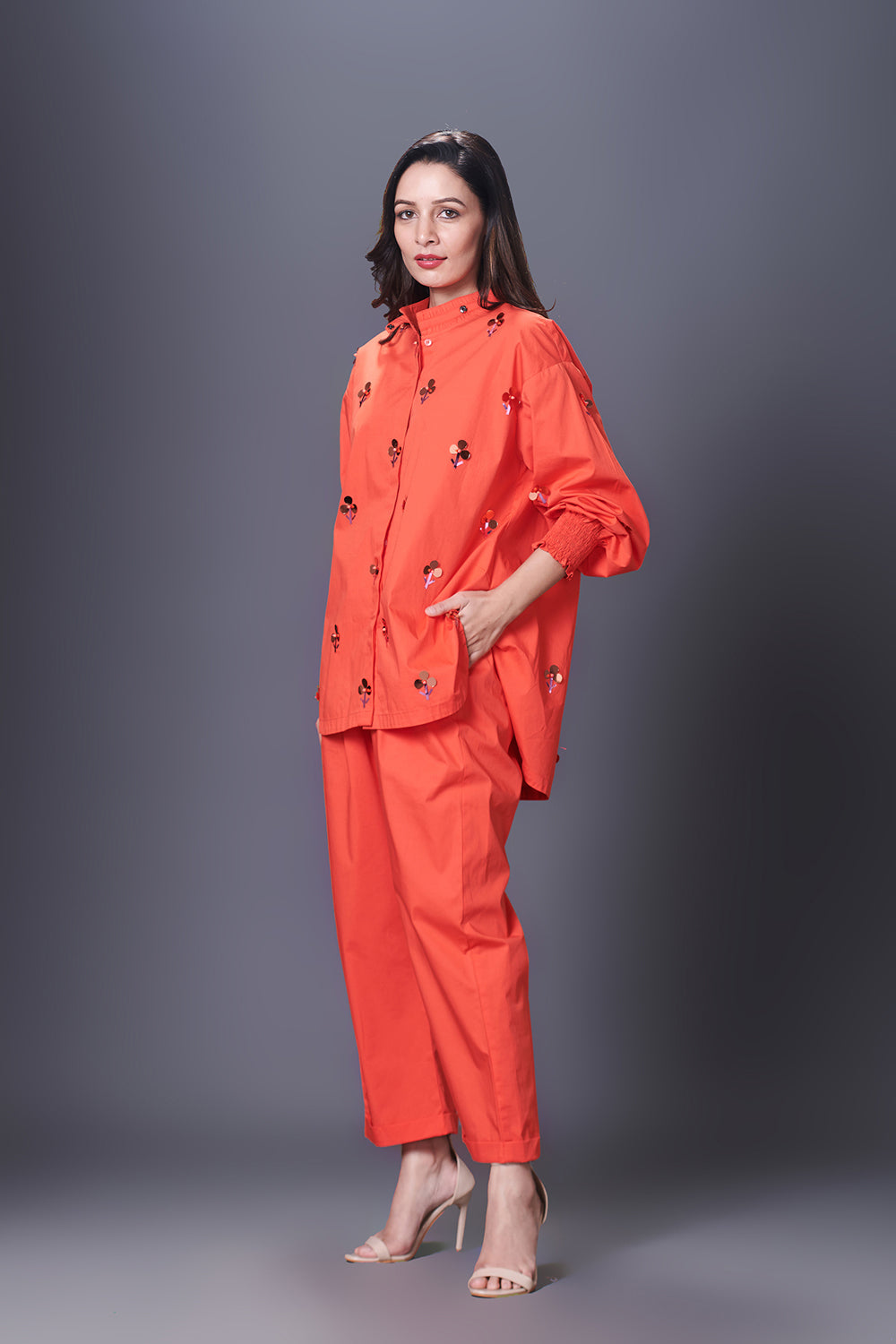 Orange Hand Embroidered Shirt With Pants Co-Ord Set - Auraya Fashion -  - #tag1# - #tag2# - #tag3# - #tag3#