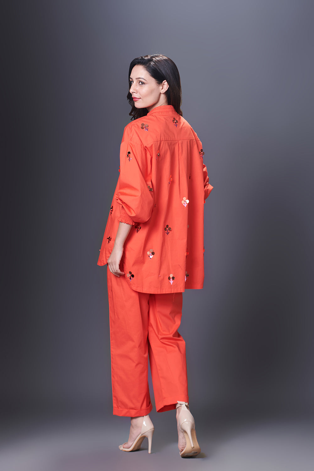 Orange Hand Embroidered Shirt With Pants Co-Ord Set - Auraya Fashion -  - #tag1# - #tag2# - #tag3# - #tag3#